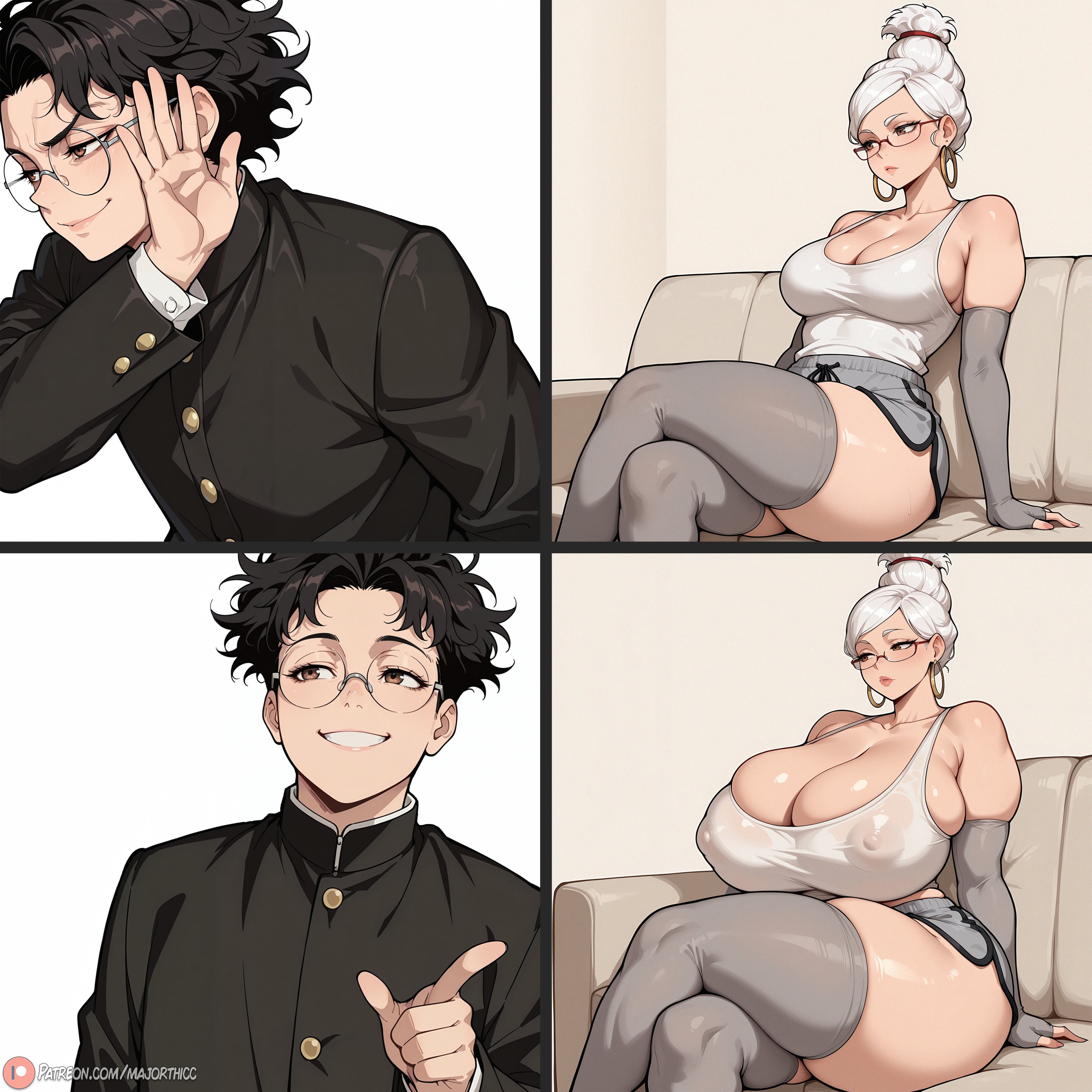 1boy, ai generated, ayase seiko, bare shoulders, black hair, breasts, brown eyes, cleavage, comic, couch, covered nipples, crossed legs, curvy, dandadan, dolphin shorts, earrings, elbow gloves, female, fingerless gloves, gakuran, glasses, gloves, grey gloves, grey thighhighs, grin, hair bun, hoop earrings, huge breasts, jewelry, majorthicc, male, mature female, patreon logo, patreon username, pointing, round eyewear, school uniform, short hair, short shorts, shorts, single hair bun, sitting, smile, tank top, thick thighs, thighhighs, thighs, updo, web address, white hair, white tank top