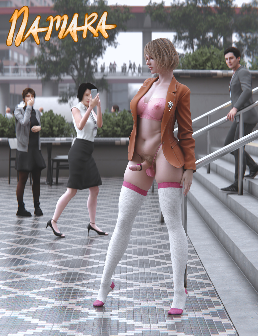 3d, ashley graham, erection, exhibitionism, futanari, intersex, namara, pubic hair, public, resident evil, socks, thighs