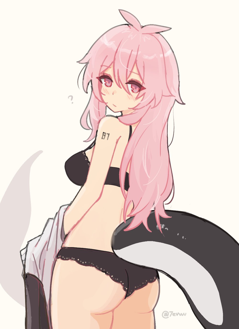 ?, 1girls, 7evvw, anime nose, ass, back view, black bra, black panties, blank stare, blush, bra, breasts, clothing, cute face, dot mouth, facing sideways, facing to the side, female, female only, indie virtual youtuber, lace-trimmed panties, legs together, light skin, light-skinned female, limited color, long hair, looking at viewer, matching hair/eyes, matching underwear, medium breasts, neutral expression, number tattoo, orca girl, orca tail, panties, pink eyes, pink hair, pink line art, pink lines, pink theme, shachimu, side view, small ass, solo, spine, spine line, staring at viewer, tail, tattoo, tattoo on arm, thick tail, underwear, undressing, virtual youtuber, vtuber, white background