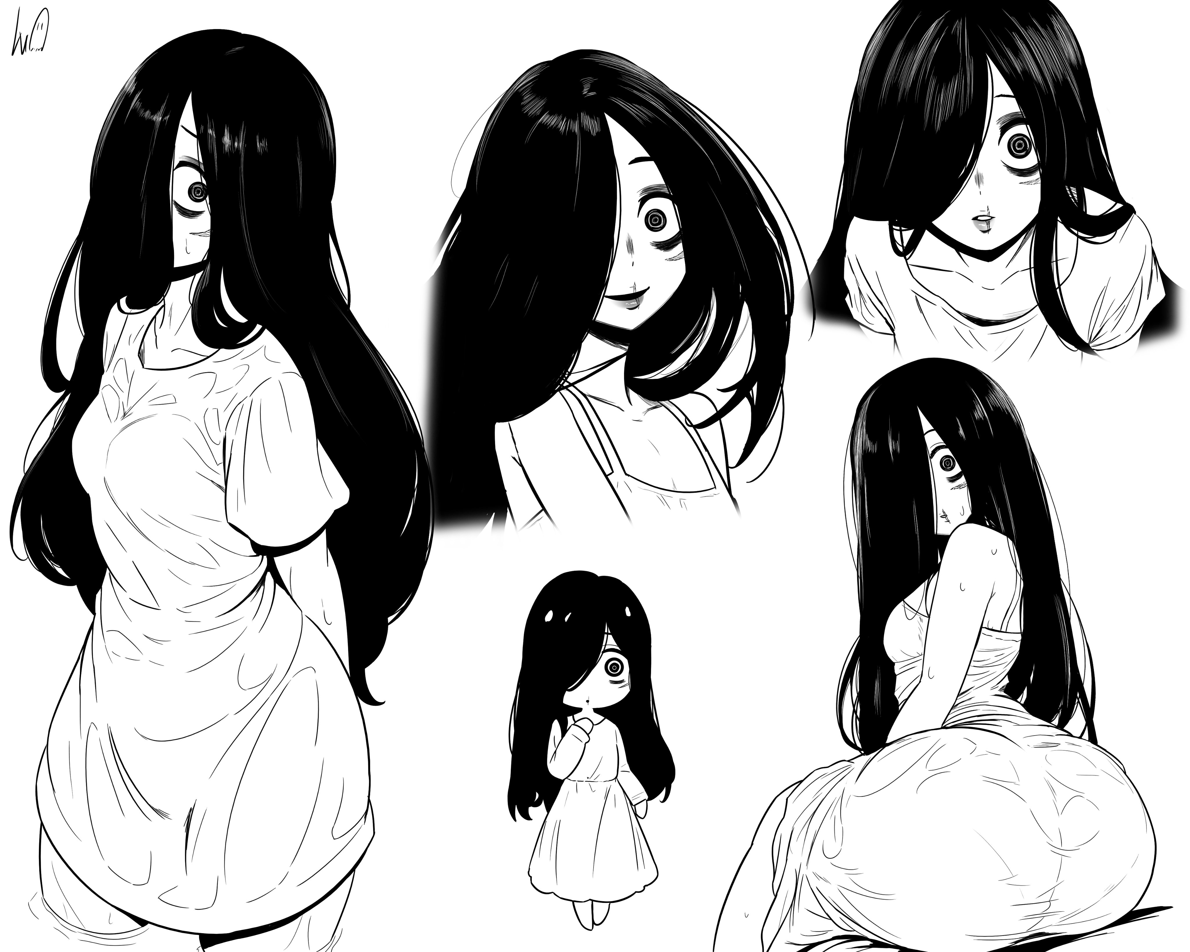 absurdres, arms behind back, ass, ass focus, booty, booty focus, butt, butt focus, chibi, chibi inset, commentary, english commentary, fat ass, fat butt, female, greyscale, hair over one eye, highres, long hair, looking at viewer, looking back, loose hair strand, lughost, monochrome, multiple views, open mouth, phat ass, phat butt, scar, scar on face, scar on mouth, shirt, simple background, sitting, smile, standing, the ring, very long hair, wet, white background, wide-eyed, yamamura sadako