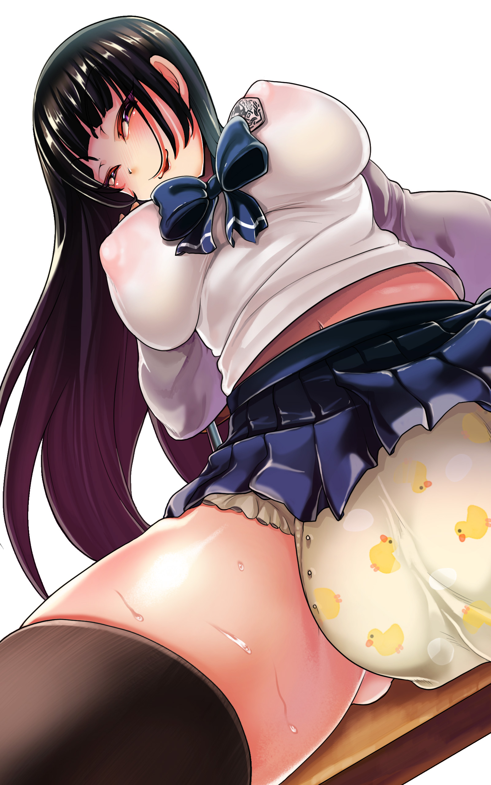 big breasts, big nipples, black hair, breasts, diaper, erect nipples, erect nipples under clothes, female, nipples, nipples visible through clothing, pink nipples, puffy nipples, see-through, see-through clothing, smile, thick thighs, thighhighs, thighs, tilted head, translucent clothing, upskirt