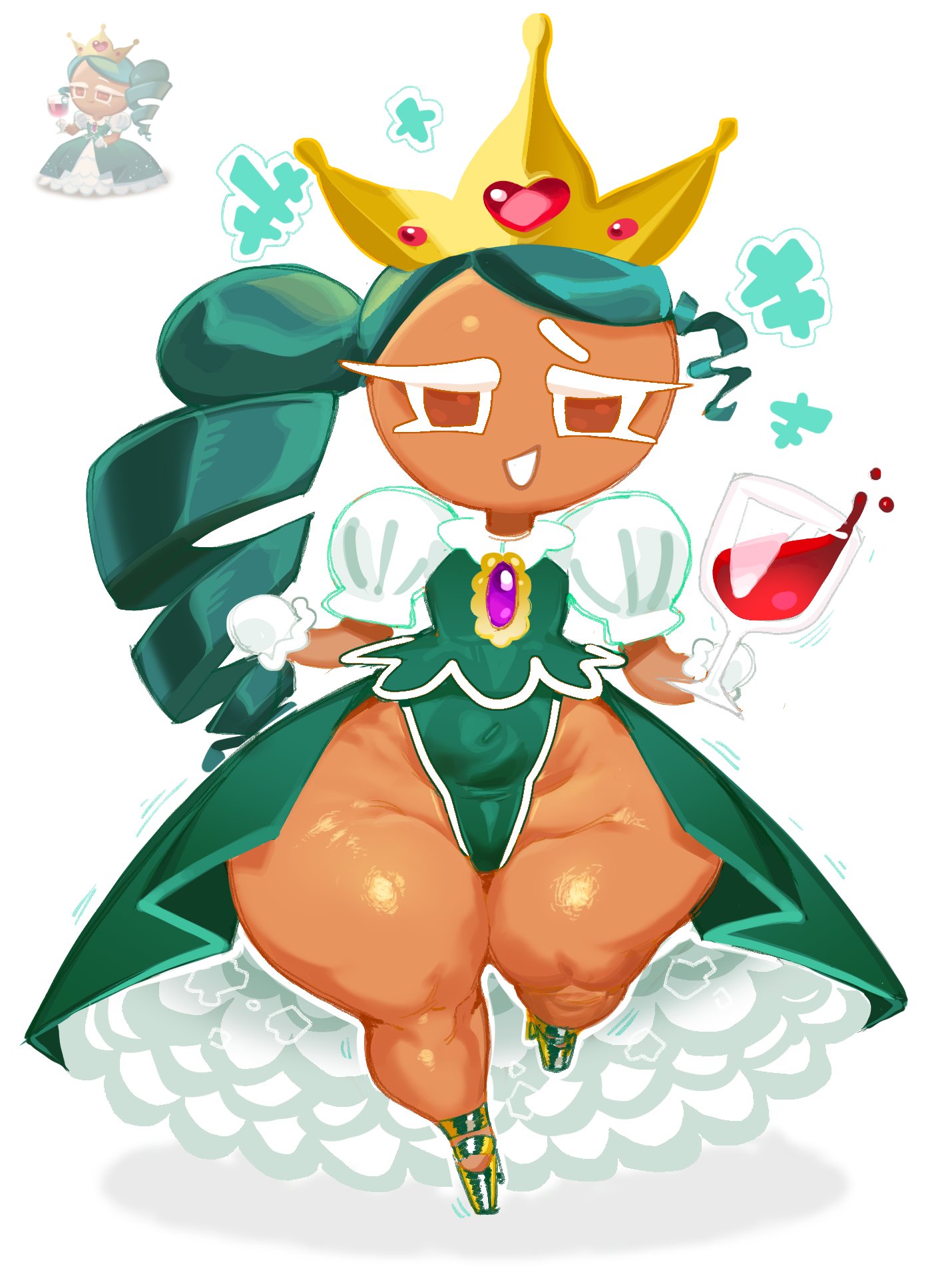 bottom heavy, brown body, brown eyes, brown skinned female, brown-skinned, cookie, cookie run, cookie run kingdom, female, goatboydraws, green hair, jungleberry cookie, tagme