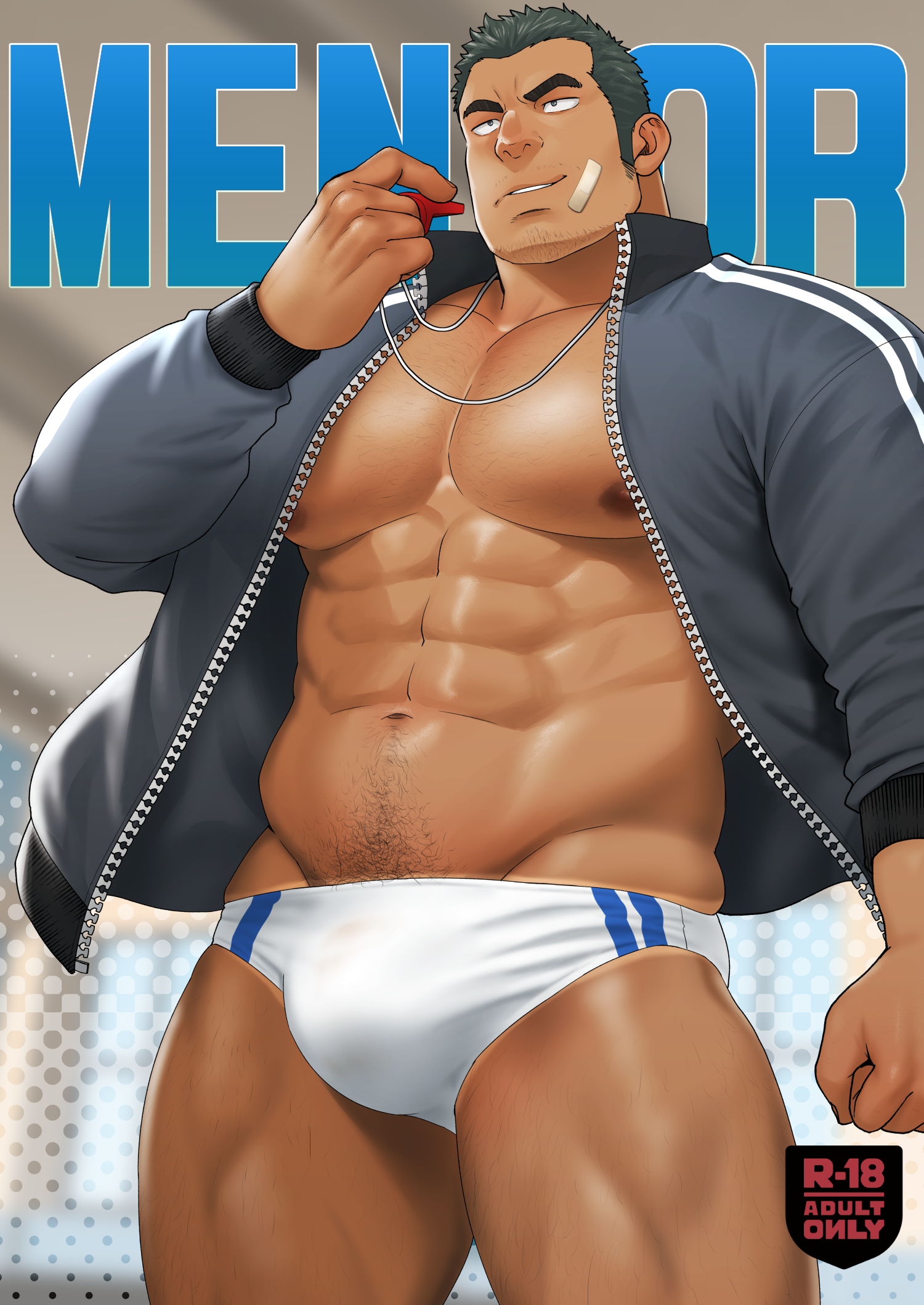 1boy, abs, bara, bara tiddies, bara tits, beard stubble, beefy, big bulge, big pecs, black hair, blurry background, body hair, bulge, daddy, dilf, hairy, hairy chest, hairy male, hairy thighs, happy trail, huge pecs, human, human only, jacket, jacket open, male, male only, manly, masculine male, mature, mature male, mentor, mizuki gai, muscles, muscular, muscular male, muscular thighs, original, original character, pecs, rycanthropy, shirtless, six pack, solo, solo male, speedo, sweat, sweatdrop, thick eyebrows, thick thighs, whistle, whistle around neck, white speedo, yaoi