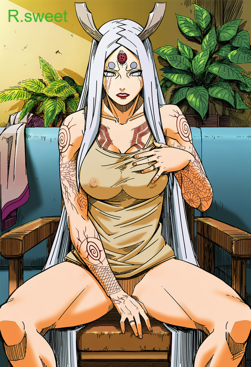 ai generated, covering crotch, naruto, naruto (series), otsutsuki kaguya, rsweet, sitting, tagme, tattoo, white hair