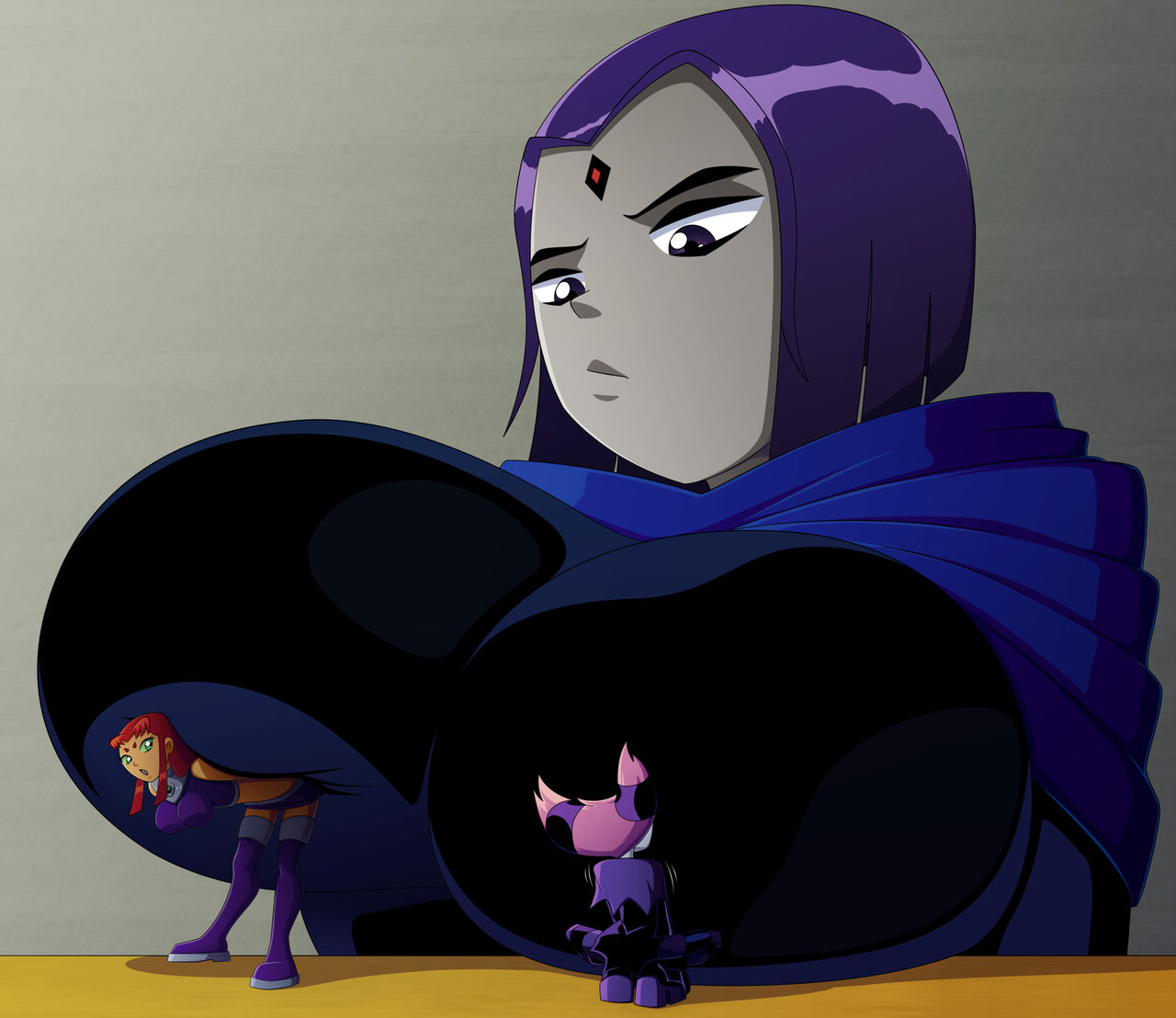 3girls, big breasts, breast lift, breasts, clothed, dc, dc comics, female, female only, forehead jewel, giantess, goth, green eyes, grey skin, huge breasts, jinx (dc), large breasts, looking down, multiple females, multiple girls, orange skin, pale skin, pink hair, purple eyes, purple hair, rachel roth, raven (dc), ravenravenraven, red hair, size difference, starfire, struggling, teen titans, thighhighs