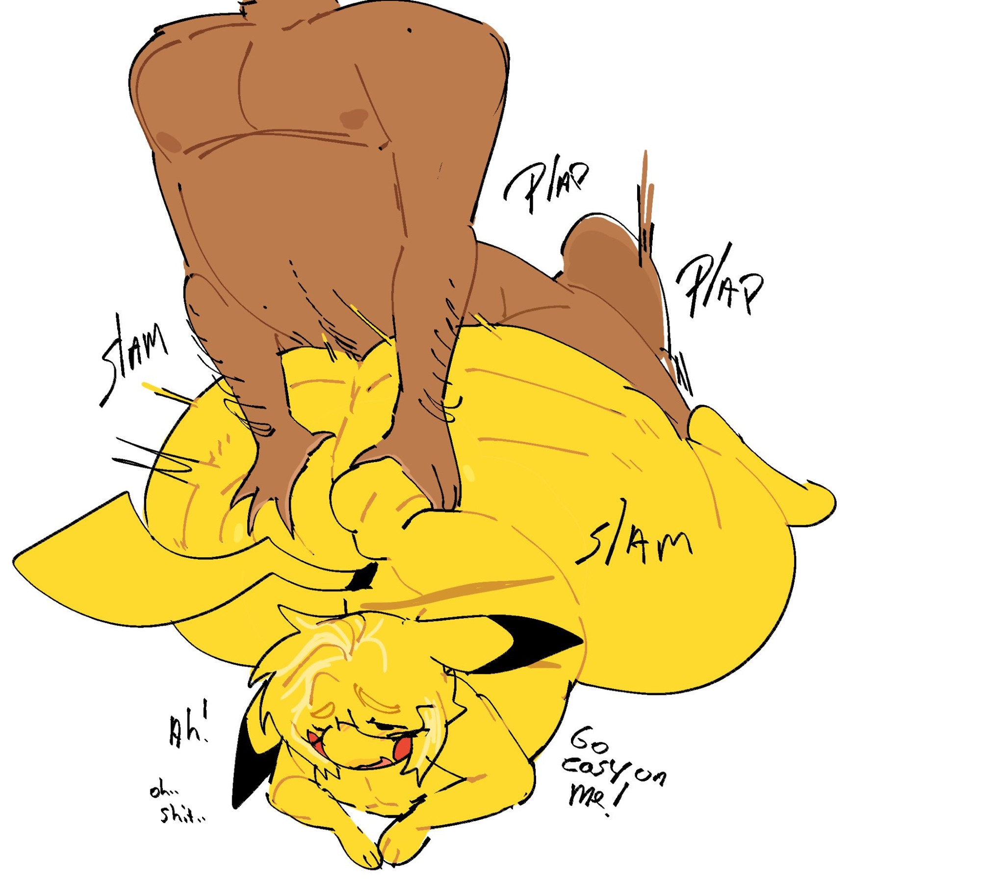 anal, anal sex, anthro, ass, big ass, big butt, blonde hair, brown stripes, chubby, chubby male, curvaceous, curvy, curvy figure, dialogue, digital media (artwork), doggy style, duo, duo focus, ears down, fat ass, fat butt, feminine male, from behind position, gripping ass, human, human on anthro, hyper penis, inexperienced, interspecies, looking pleasured, lopsalien, male, male/male, nude male, oc, original character, owen (lopsalien), pear-shaped figure, penis, pikachu, plain background, pokémon (species), pokemon, pokemon (species), pokephilia, pubes, rough anal, rough sex, slamming, text, thick thighs, unseen male face, wide hips, yellow fur