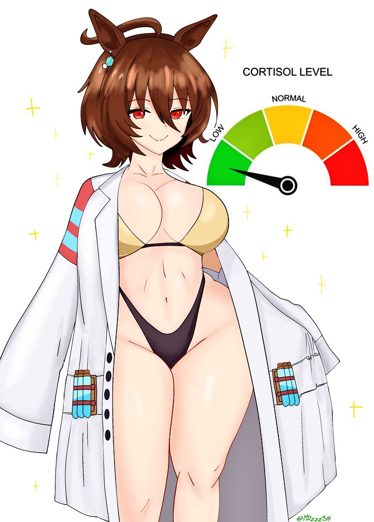 1girls, 2020s, 2026, agnes tachyon (umamusume), artist signature, bikini, color, colored, cortisol (meme), female, female focus, female only, horse ears, horse girl, kemonomimi, labcoat, light skin, light-skinned female, mdzzz34, meme, not porn, red eyes, red eyes female, solo female, solo focus, umamusume, umamusume pretty derby, vial, watermark, wide hips, wide thighs