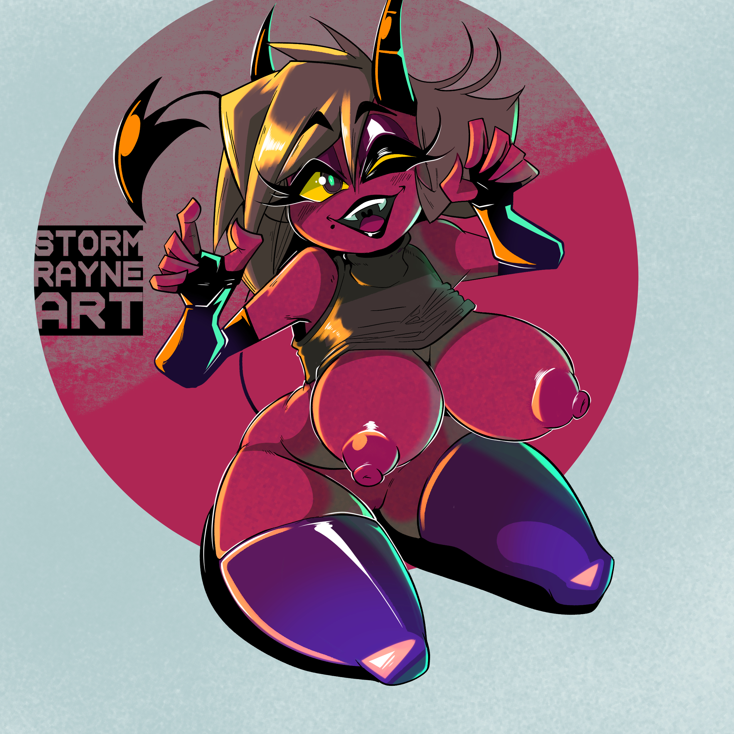 1girls, big breasts, big nipples, big thighs, black lipstick, breasts, demon, demon girl, demon horns, demon tail, female, female focus, female only, gloves, helluva boss, horn, horns, hourglass figure, huge breasts, imp, kneeling, large breasts, makeup, millie (helluva boss), mole, naked, nipples, pussy, red body, red skin, short hair, smile, stockings, stormrayneart, tail, thick, thick hips, thick legs, thick thighs, topless, vivienne medrano, wink