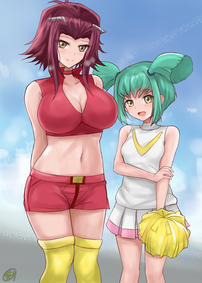 2girls akiza_izinski bare_shoulders big_breasts blush brown_eyes cheerleader cheerleader_outfit cheerleader_uniform cleavage female female_only footwear green_hair hair_between_eyes happy huge_breasts human izayoi_aki looking_at_viewer luna_(yu-gi-oh!) medium_hair miniskirt multiple_girls open_mouth pom_pom_(cheerleading) pom_poms r-binon red_collar red_hair short_shorts short_twintails twintails uncensored yellow_eyes yellow_footwear yu-gi-oh! yu-gi-oh!_5d's