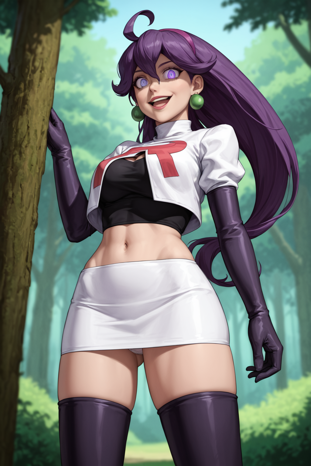 ai generated, bangs, big breasts, bookoflustfan, breasts, cleavage, crop top, female, glowing eyes, hex maniac, jessie (pokemon), long hair, midriff, miniskirt, opera gloves, panties, pokemon, possessed, possession, purple eyes, purple hair, slicked back hair, swirly eyes, team rocket, team rocket uniform, thigh boots, thigh gap, thighhighs