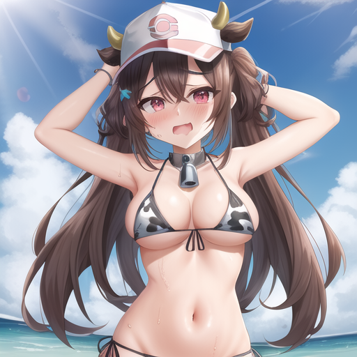 ai_generated ass big bikini blush bovine breasts brown_hair clothes clothing cow_print daisy1girls female hair human leather moaning only out pokemon rosa_(pokemon) shiny solo tight tongue