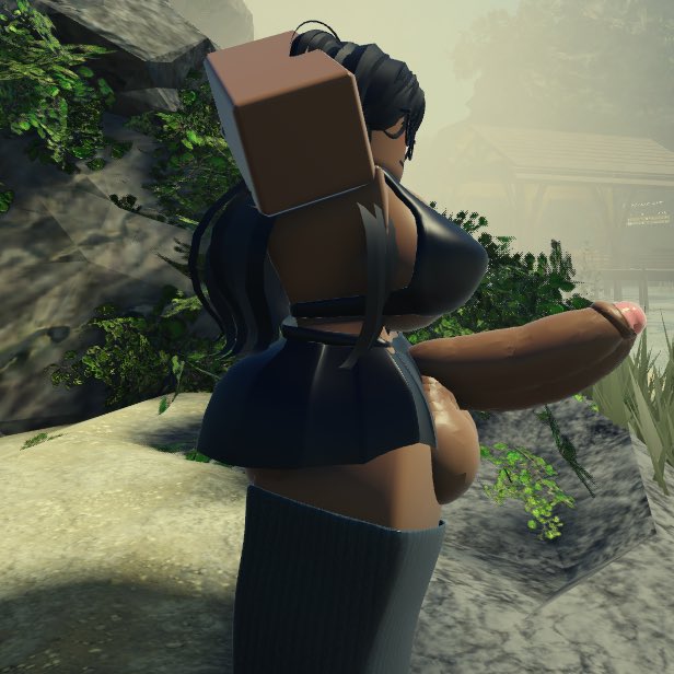 1futa, 3d, arms behind head, artist request, balls, bikini, black hair, breasts, clothed, clothing, dark skin, dark-skinned futa, erection, functionally nude, futanari, huge breasts, huge cock, intersex, large balls, large testicles, penis, roblox, robloxian, skirt, solo, tagme, testicles, thighhighs