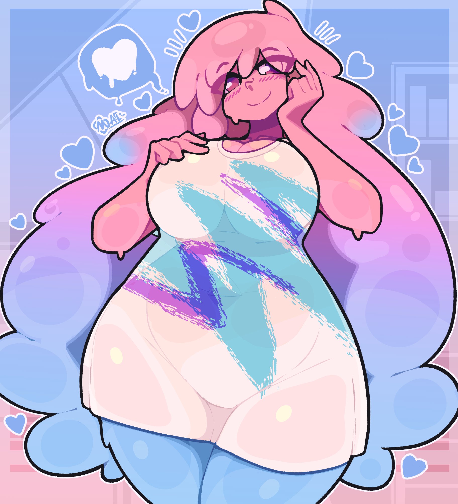 1girls, big breasts, blush, breasts, chubby, chubby male, female, female only, jazz (design), long hair, looking at viewer, male, movailarts, original, original character, shirt, simple background, slightly chubby, solo, tagme, thick thighs, voluptuous
