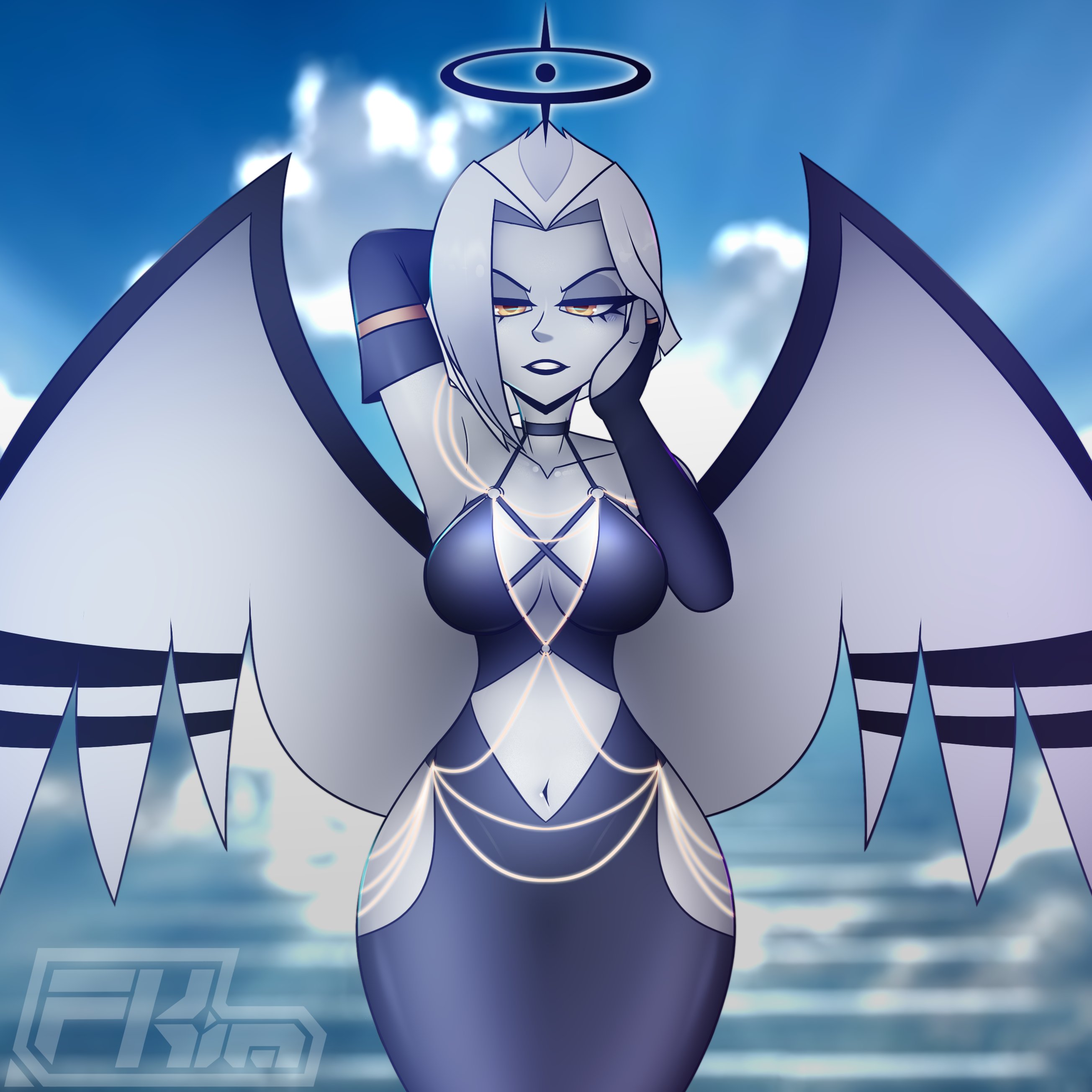 angel, angel girl, angel wings, black halo, clothed, dress, female, fkim, fkimnsfw, halo, hazbin hotel, lute (hazbin hotel), sfw, solo, standing, twitter, vivienne medrano, vivziepop, wings