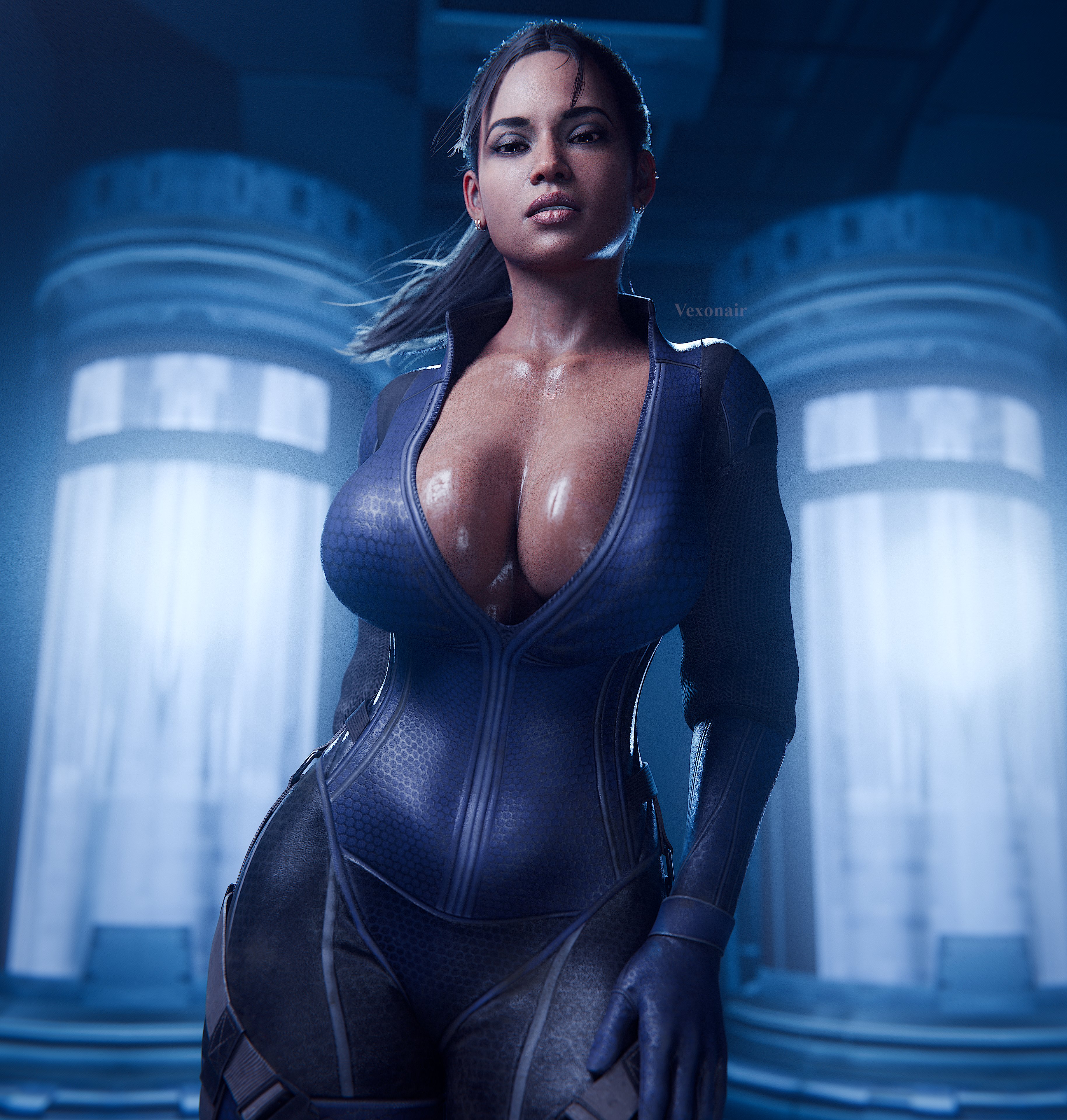 1girls, 2024, 3d, 3d (artwork), african, african female, ass, big ass, big breasts, bodysuit, breasts, capcom, cleavage, curvaceous, dark skin, dark-skinned female, female, female only, jill valentine bodysuit, large breasts, resident evil, resident evil 5, sheva alomar, shiny skin, skin tight, solo, solo female, sweaty, tattoo, thick lips, thick thighs, tight clothes, tight clothing, vexonair