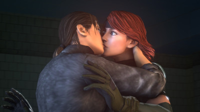 2girls 2women 3d 3d_(artwork) clothed clothed_female eyes_open female female_only females_only fully_clothed girls_only gloves hand_on_another's_head human human_only humans humans_only kiss kissing lesbian_kiss meryl_silverburgh metal_gear metal_gear_solid naomi_hunter red_hair red_hair_female redhead surprise_kiss surprised surprised_expression surprised_face surprised_look tagme unexpected woman women