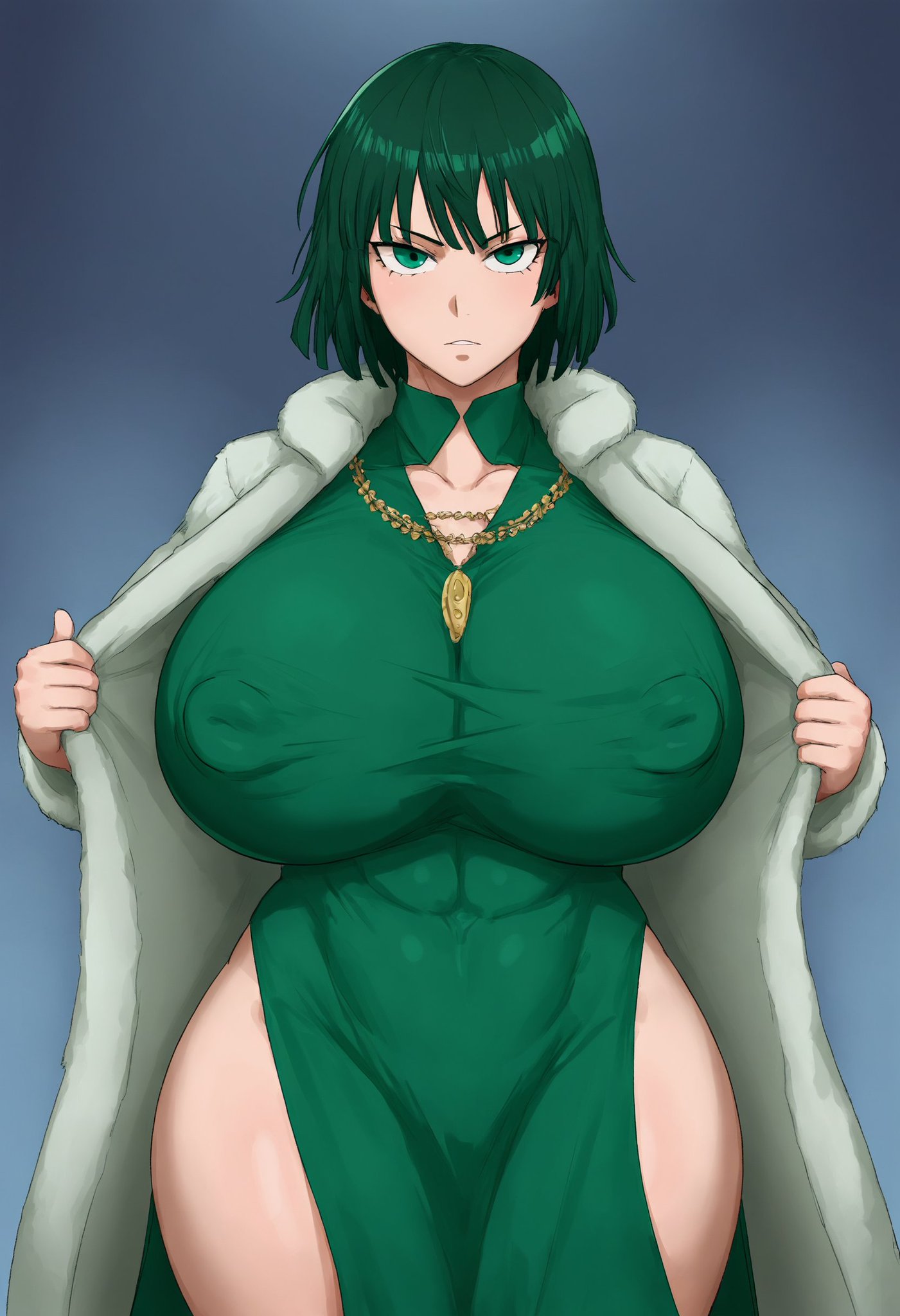 ai generated, big breasts, breasts, breasts bigger than head, covered nipples, female, fubuki (one-punch man), fur coat, green dress, huge breasts, huge nipples, one-punch man, open coat, stable diffusion, tight clothing, venus body