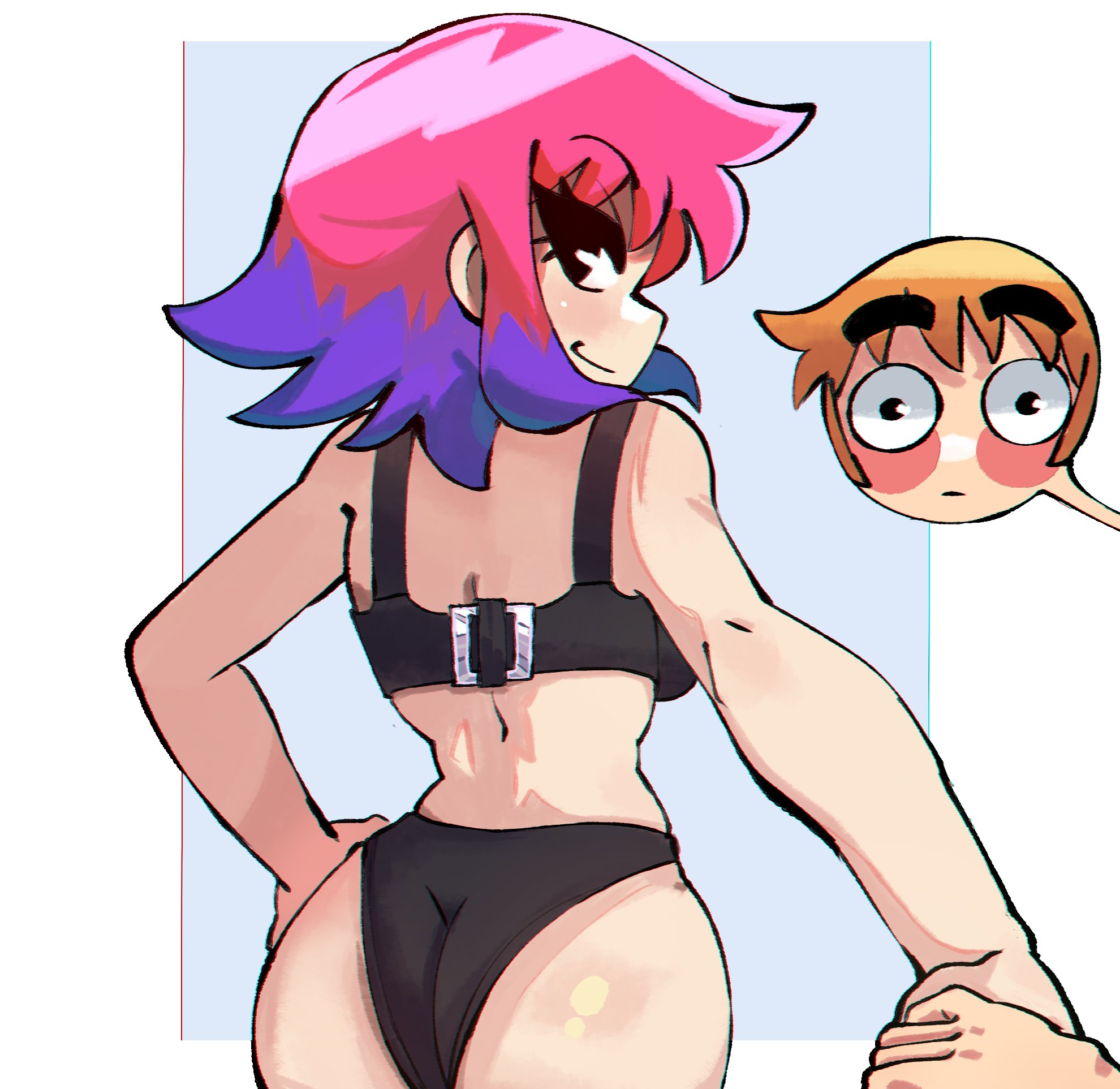 1boy, 1girls, back view, black eyes, black underwear, blush, female, hand on hip, holding hands, looking back, male, orange hair, panties, pink hair, purple hair, ramona flowers, scott pilgrim, scott w pilgrim, shihirobu, short hair, two-tone hair, underwear