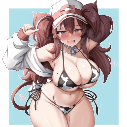 1girls ai_generated ass big bikini blush bovine breasts brown_hair clothes clothing cow_print daisy female hair human leather moaning only out pokemon princess rosa_(pokemon) shiny solo tight tongue