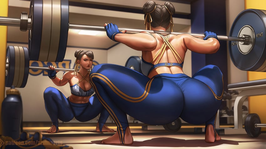 abs asian asian_female ass azuma_yasuo azumaarts barbell barefoot big_ass black_hair breasts capcom chinese_female chun-li dat_ass double_bun dumbbell exercising fat_ass feet female fingerless_gloves gloves gym hair_bun hair_ribbon highres looking_at_mirror mature_female milf mirror muscular muscular_female pants reflection ribbon shoes_removed solo squatting street_fighter street_fighter_alpha strong thermos tights toes unworn_footwear weightlifting weights workout_clothes yellow_ribbon yoga_pants