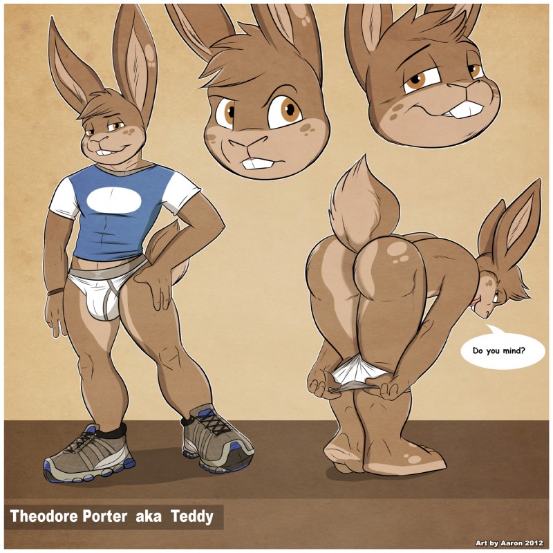 1boy 2012 aaron_(artist) anthro ass english_text lagomorph lothing male male_focus male_only mammal presenting presenting_hindquarters rabbit shirt shoes solo solo_focus stripping teddy_porter text underwear