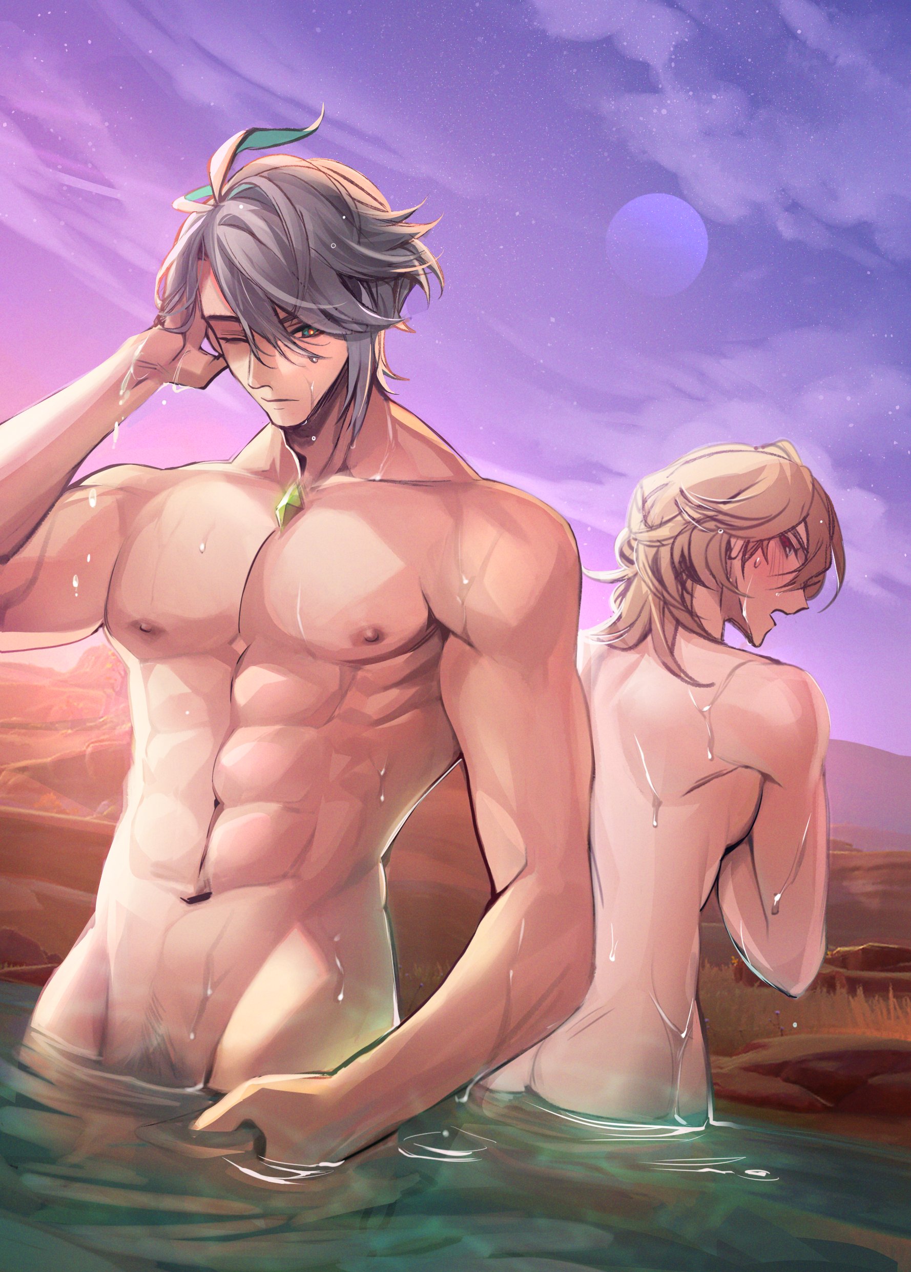 2boys, alhaitham (genshin impact), confusearanara, gay, genshin impact, kaveh (genshin impact), male, male only, muscular, muscular male, thermal waters, wet, wet body, yaoi