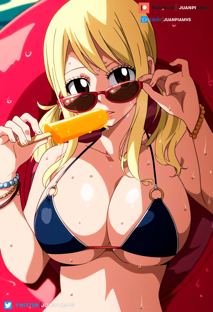 ai_generated big_breasts bikini blonde_hair brown_eyes fairy_tail female float ice_cream juanpi_amvs long_hair looking_at_viewer lucy_heartfilia patreon patreon_username sunglasses sunglasses_removed watermark yellow_hair