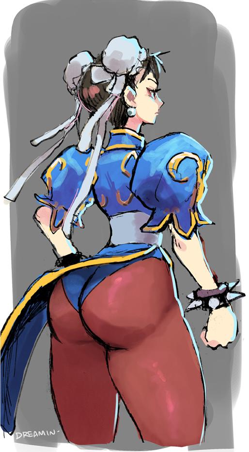 asian big_ass blue_panties blue_underwear bracelet breasts brown_eyes brown_hair capcom chinese_clothes chinese_dress chun-li double_bun dreaminerryday female panties_over_pantyhose pantyshot simple_background solo street_fighter thick_thighs underwear video_games