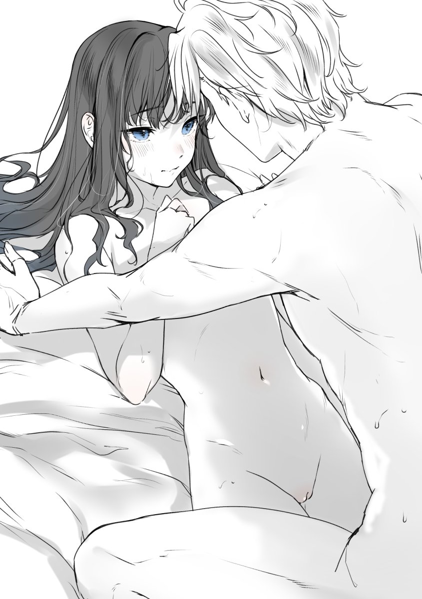 1boy blue_eyes blush breasts carrot_(robosquat) completely_nude couple eye_contact female highres long_hair looking_at_another lying monochrome navel nipples nude on_back original pussy small_breasts spot_color straight sweat