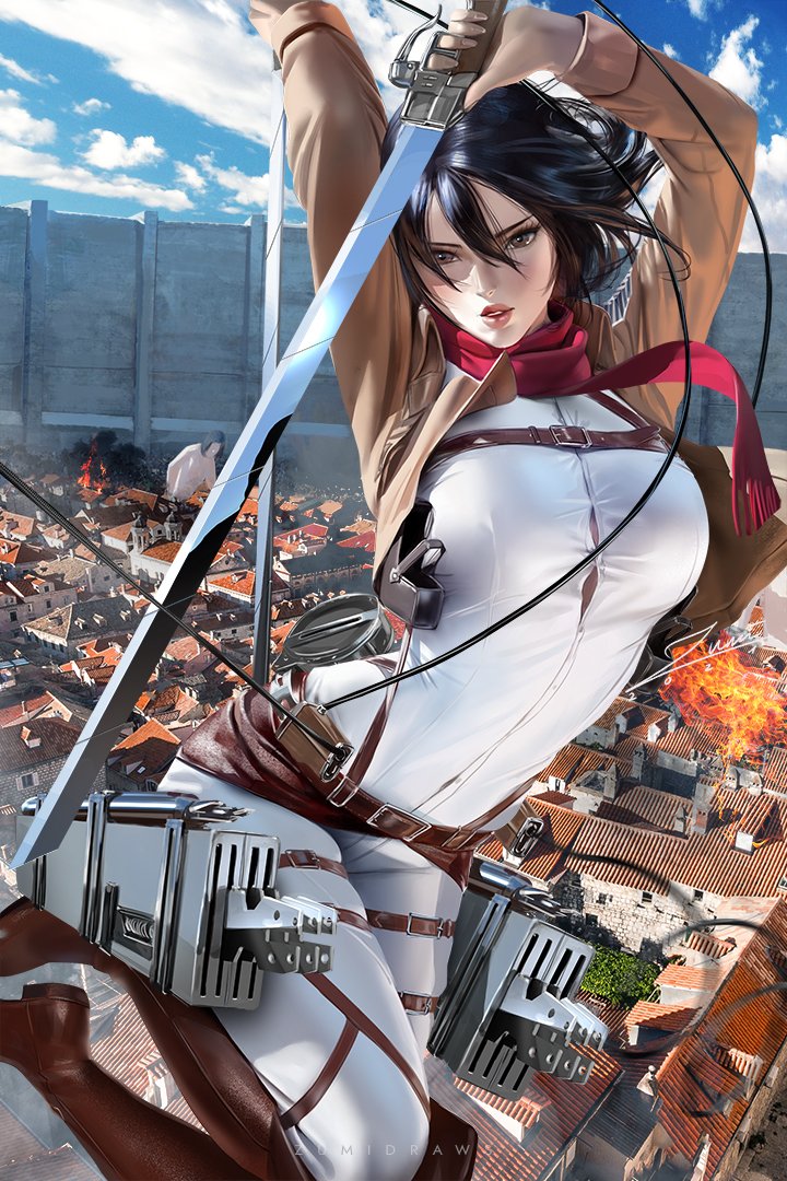 1girls, alternate version available, attack on titan, big breasts, black eyes, black hair, boots, breasts, female, female only, fully clothed, holding, jacket, mikasa ackerman, pants, scarf, shingeki no kyojin, short hair, solo, zumi