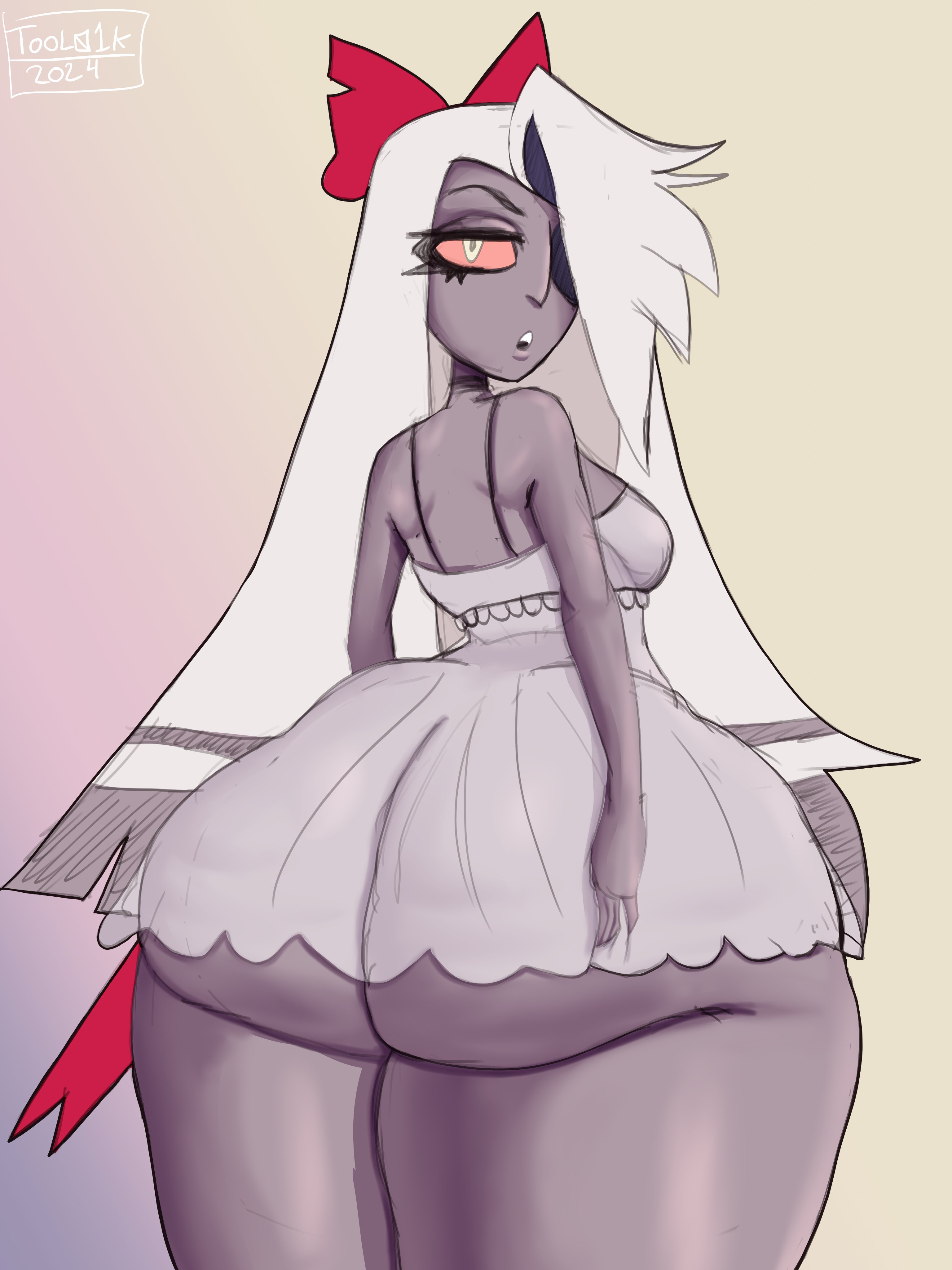 1girls, ass, big ass, bottom heavy, breasts, bubble ass, bubble butt, clothing, fat ass, female, female only, grey skin, hair over one eye, hazbin hotel, huge ass, large ass, looking at viewer, looking back, small breasts, solo, thick ass, thick thighs, tool01k, vaggie (hazbin hotel), wide hips