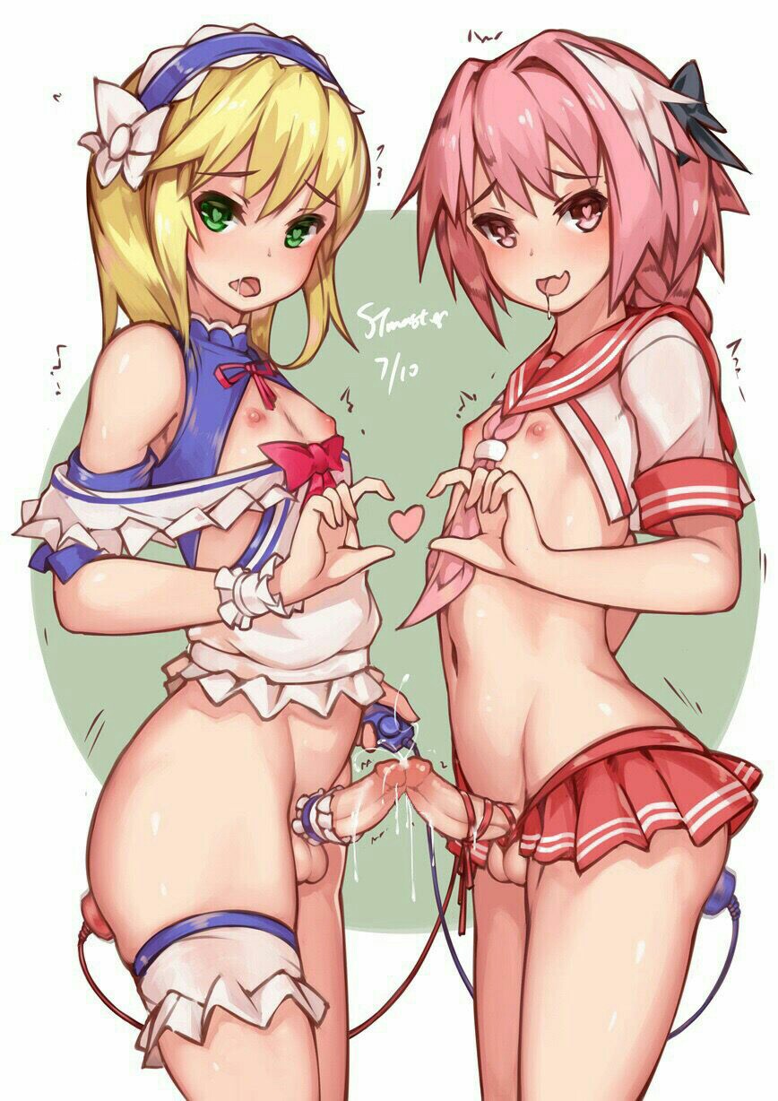 2boys astolfo_(fate) blonde_hair blush chevalier_d'eon_(fate) cum cumming cumming_together erection fate/grand_order fate_(series) femboy flat_chest girly green_eyes heart-shaped_pupils long_hair looking_at_viewer male male_focus navel open_mouth penis penis_kiss penises_touching pink_eyes pink_hair saliva saliva_drip shiny shiny_skin small_penis standing stmaster symbol-shaped_pupils testicles wavy_mouth yaoi