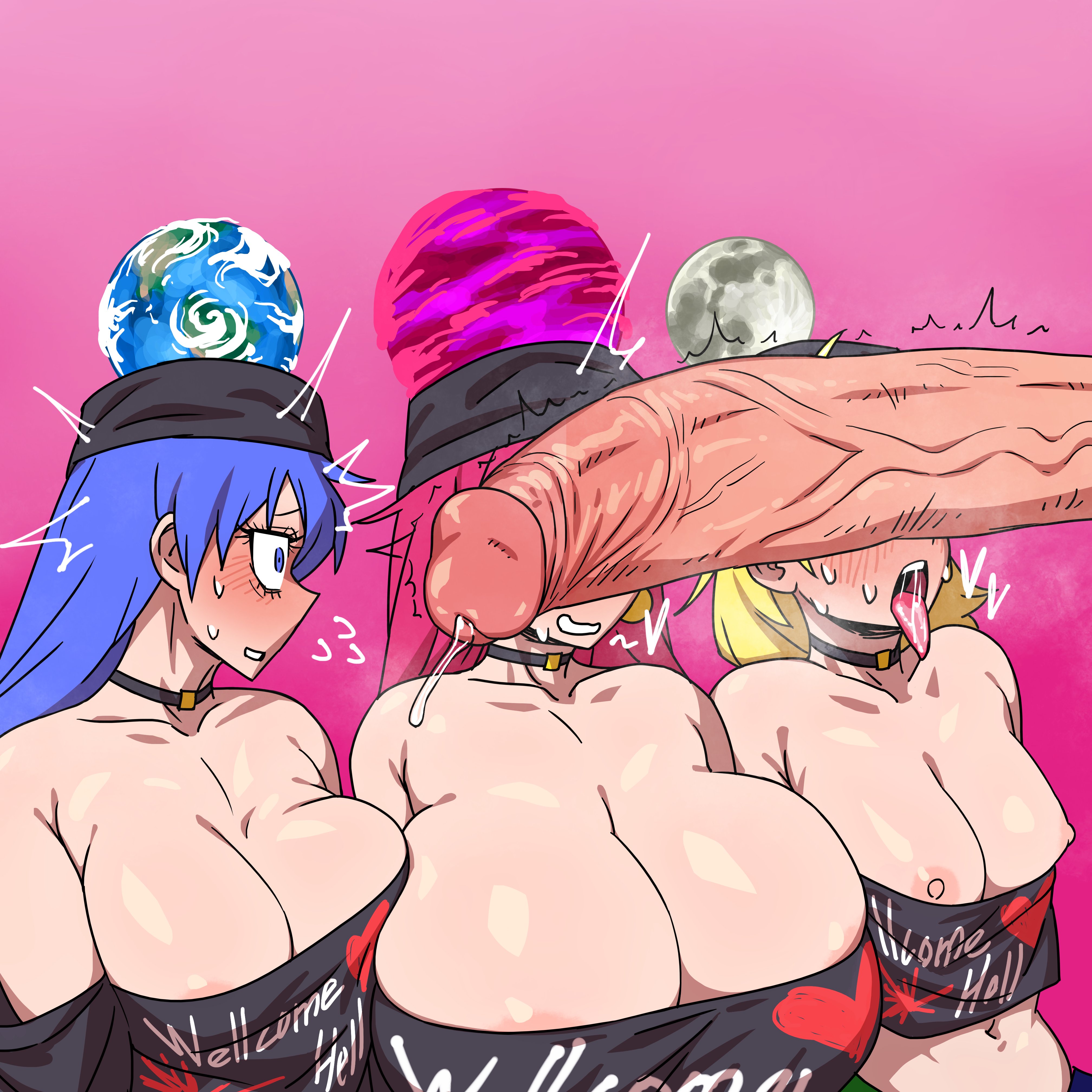 3girls, blush, cleavage, eddybird, hecatia lapislazuli, huge breasts, huge cock, imminent sex, penis awe, penis expansion, penis over eyes, tongue, tongue out, touhou