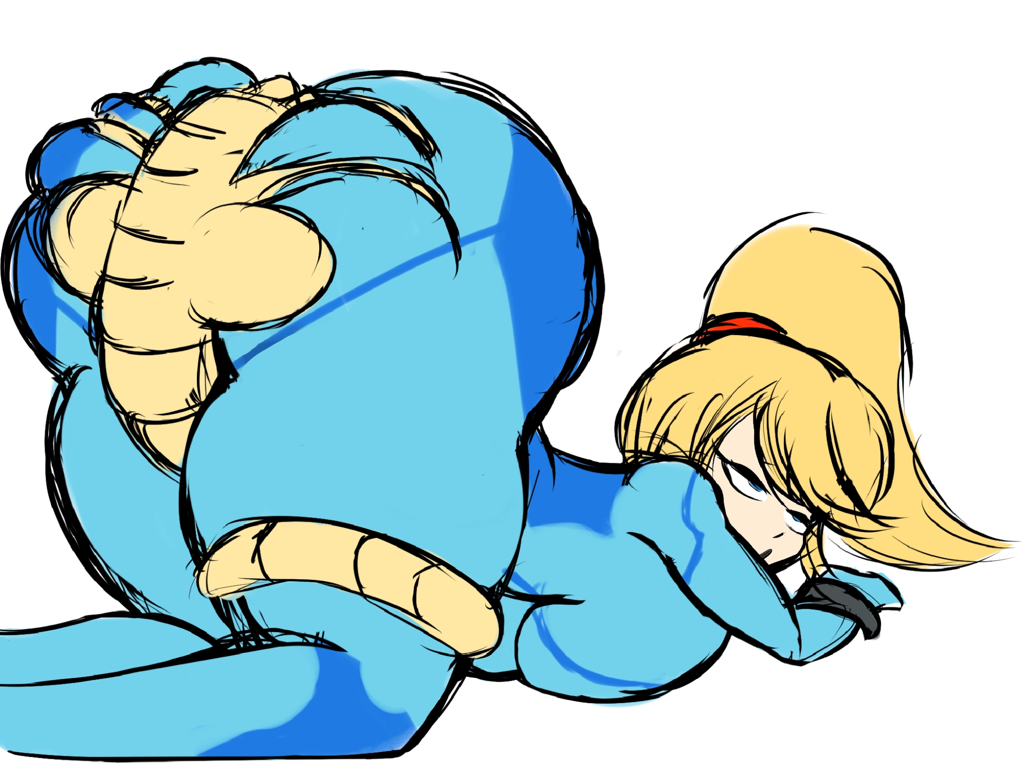 1boy, 1girls, 1monster, 4:3, alien (franchise), ass, ass eating, big ass, big breasts, blonde hair, blue bodysuit, bodysuit, breasts, crossover, doggy style, eastern and western character, facehugger, female, grabbing ass, horndogo36, huge ass, large ass, large breasts, male, metroid, ponytail, rape, samus aran, sex, straight, white background, zero suit, zero suit samus