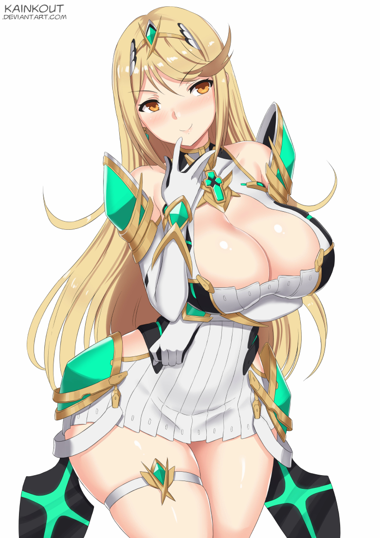 armor, bare shoulders, blonde hair, blush, breasts, cleavage, closed mouth, commentary request, dress, female, gem, gloves, hair ornament, headpiece, jewelry, kainkout, large breasts, long hair, looking at viewer, mythra, nintendo, shoulder armor, smile, solo, thigh strap, tiara, very long hair, white background, xenoblade (series), xenoblade chronicles 2, yellow eyes