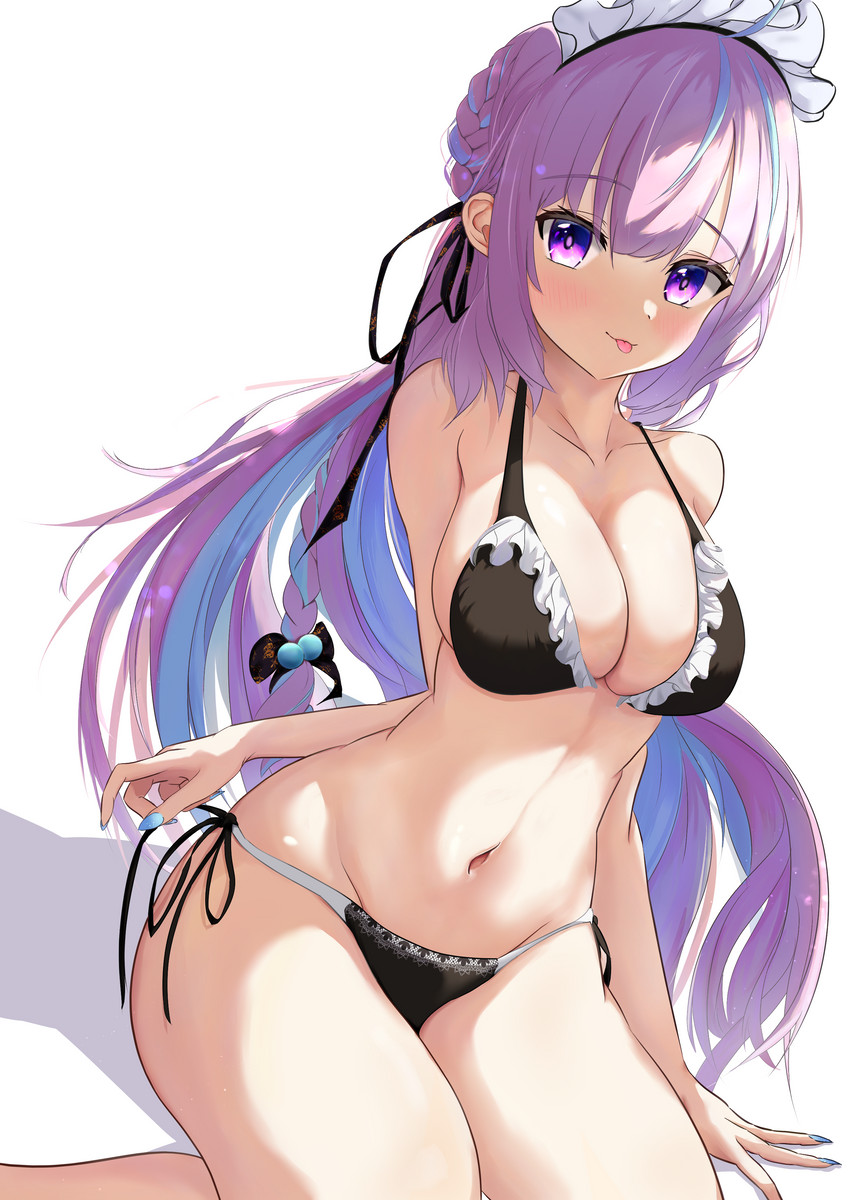 belly button, big breasts, bikini, black bikini, breasts, busty, female, female only, french braid, frilled bikini, hololive, hololive gen 2, hololive japan, maid bikini, minato aqua, navel, pink hair, solo, solo female, virtual youtuber, voluptuous