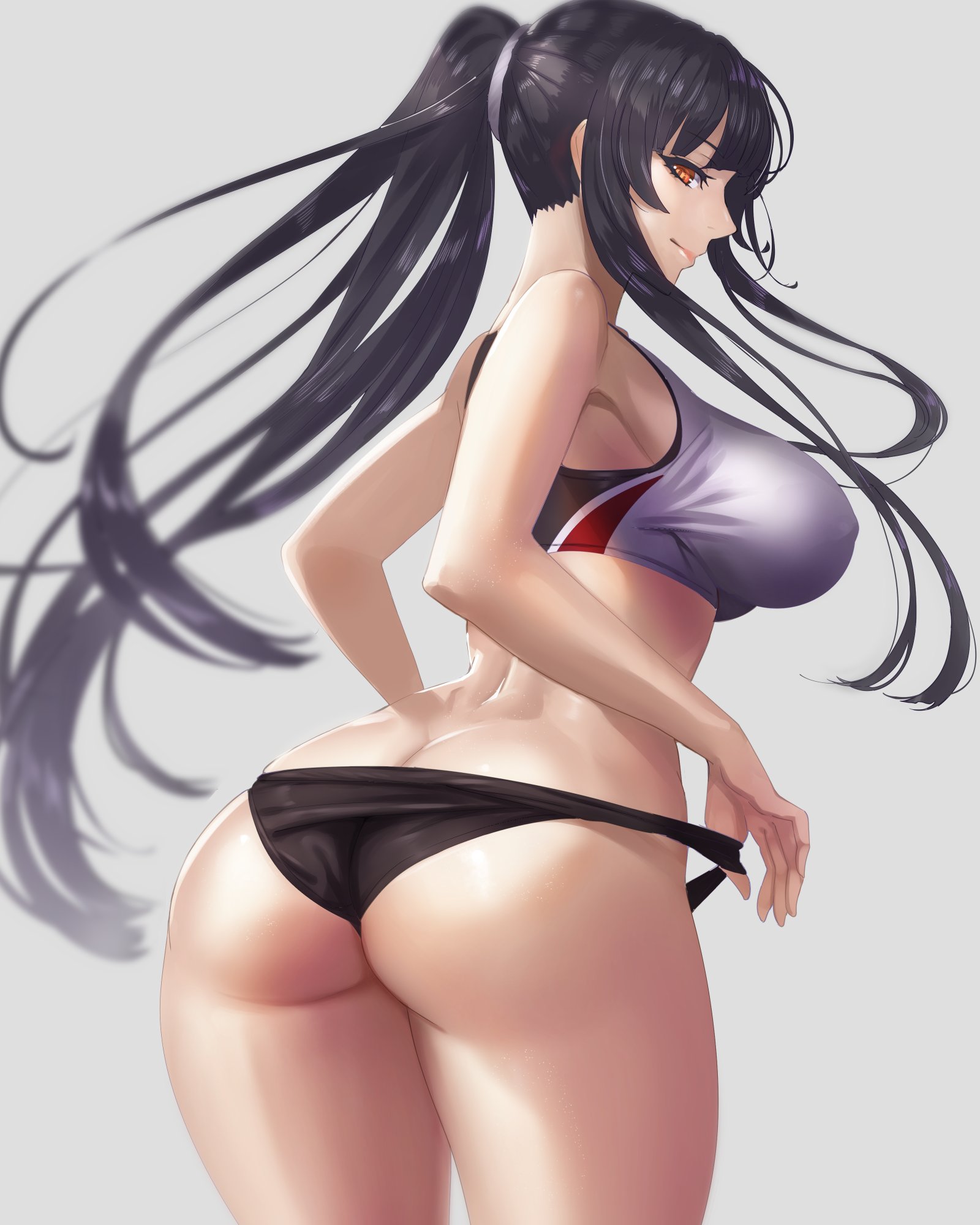 armpit peek, armpits, ass, back, bangs, bikini, black hair, black panties, black underwear, blunt bangs, blurry, blush, bra, breasts, cowboy shot, curvaceous, damegane, depth of field, erect nipples, eyebrows visible through hair, female, floating hair, focused, from behind, grey background, high resolution, hip focus, hips, large breasts, lidia (damegane), light smile, lips, long hair, looking at viewer, looking back, looking down, looking to the side, nipples, orange eyes, original, pantsu, panty pull, ponytail, pulled by self, red eyes, scrunchie, sideboob, sidelocks, simple background, smile, solo, sports bra, sportswear, standing, swimsuit, tareme, thighs, tied hair, underwear, waist, wedgie, wide hips