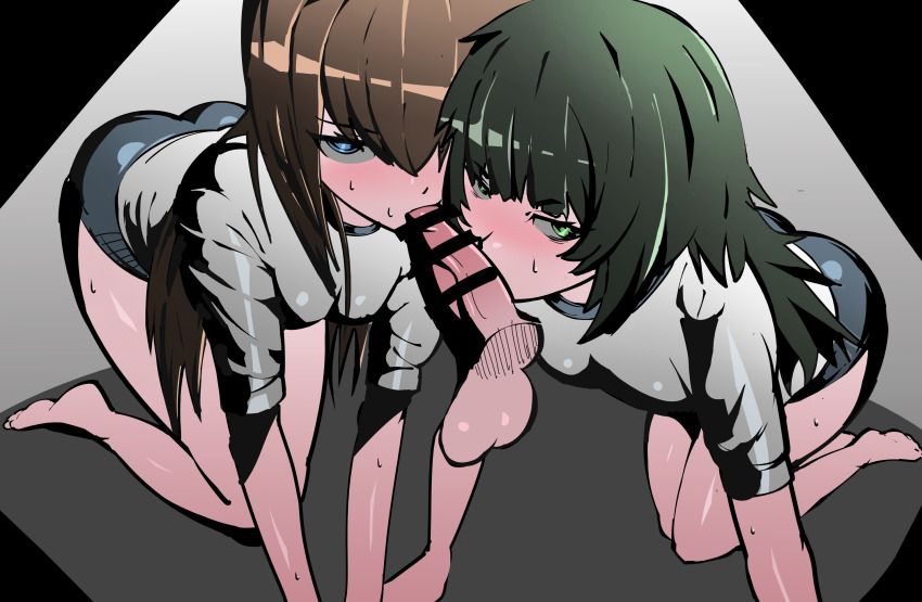 1boy 2girls blowjob clothed collaborative_fellatio double_blowjob double_fellatio fellatio female hiyajou_maho human looking_at_viewer makise_kurisu multiple_girls on_knees penis steins;gate teamwork trizzz