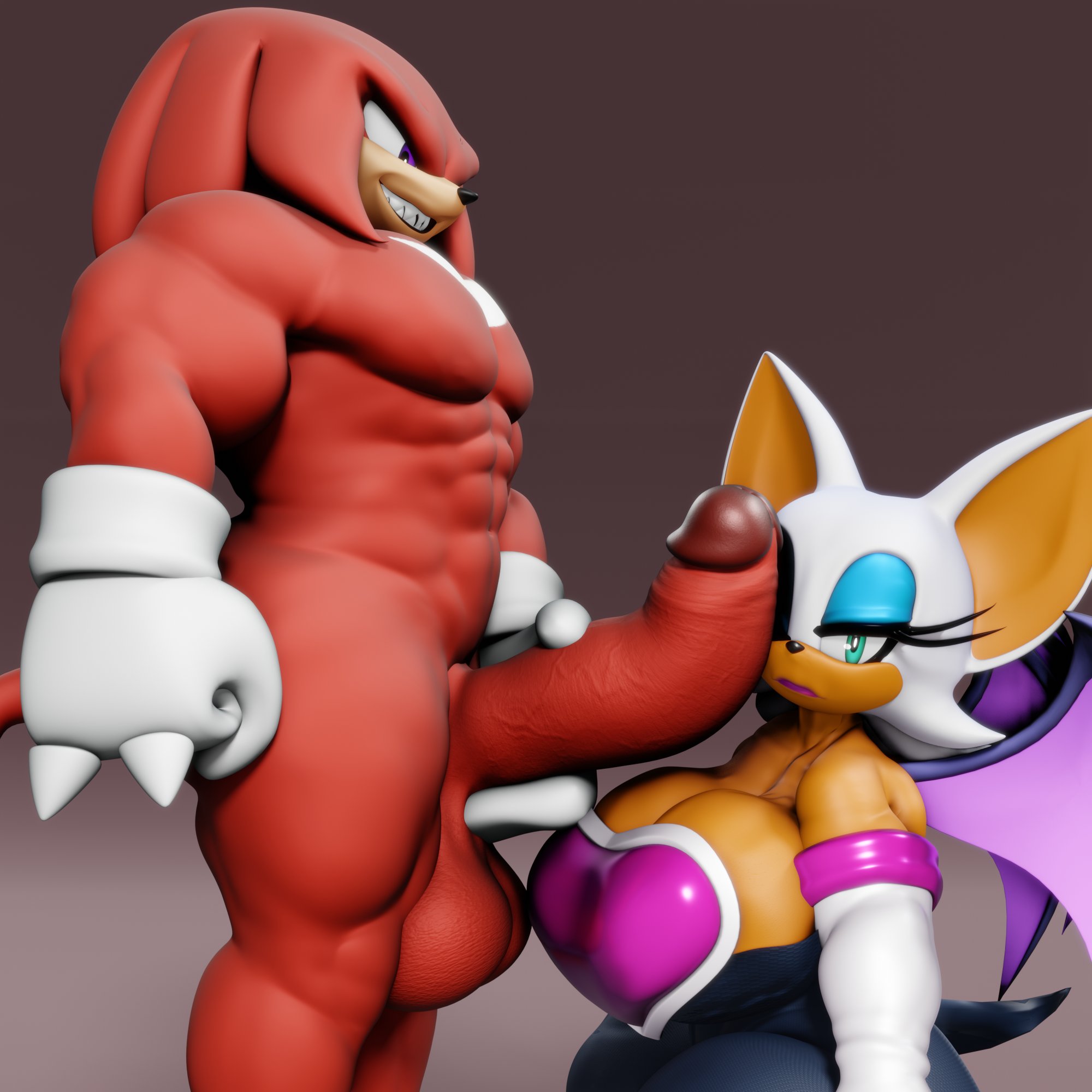 3d, 3d model, annoyed expression, big penis, breasts, female, grin, huge breasts, knuckles the echidna, knuckles the echidna (vulkyasha), male, mobian, mobian (species), mobian bat, penetration, penis, penis against face, rouge the bat, rouge the bat (vulkyasha), sega, sharp teeth, sonic (series), sonic adventure 2, sonic the hedgehog (series), vulkyasha