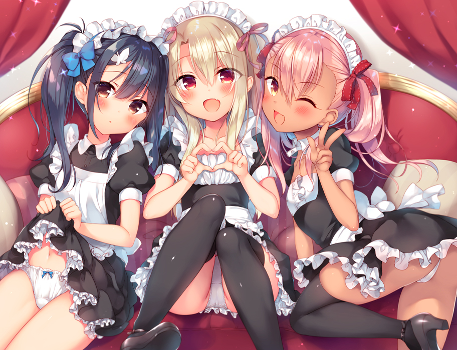 3girls :d ;d alternate_costume apron ass bangs black_dress black_footwear black_hair black_legwear blue_bow blush bow bow_panties breasts brown_eyes butterfly_hair_ornament chloe_von_einzbern commentary_request couch dark_skin dress dress_lift enmaided eyebrows_visible_through_hair fate/kaleid_liner_prisma_illya fate_(series) female female_only frilled_apron frilled_dress frills girl_sandwich hair_between_eyes hair_ornament hairbow hairclip heart heart_hands high_heels illyasviel_von_einzbern lifted_by_self light_brown_hair long_hair looking_at_viewer maid maid_headdress miyu_edelfelt multiple_girls navel one_eye_closed open_mouth orange_eyes panties pantyshot pink_hair puffy_short_sleeves puffy_sleeves red_bow red_eyes sandwiched sazaki_ichiri shoe_soles shoes short_sleeves sitting small_breasts smile tan thighhighs thighs twintails underwear upskirt w waist_apron white_apron white_hair white_panties wink