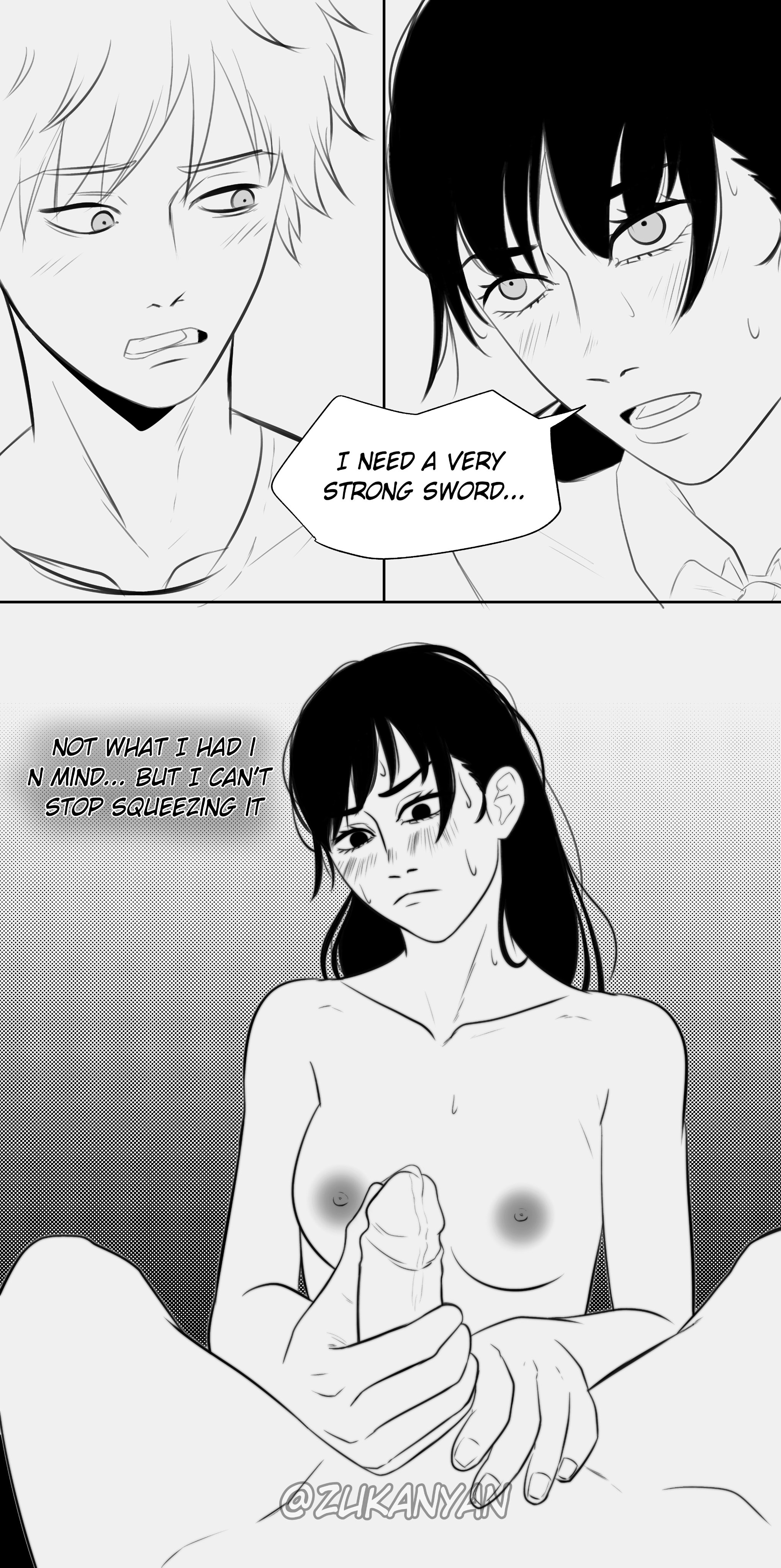 1boy, 1girls, 2024, artist name, black and white, black hair, black-haired female, blush, breasts, chainsaw man, cock, denji (chainsaw man), dialogue, dripping, dripping cum, female, handjob, high resolution, highres, leaking precum, male, mitaka asa, naked, naked female, naked male, nipples, nude, nude female, nude male, penis, precum, sweat, sweating, text, text bubble, thighs, zukanyan