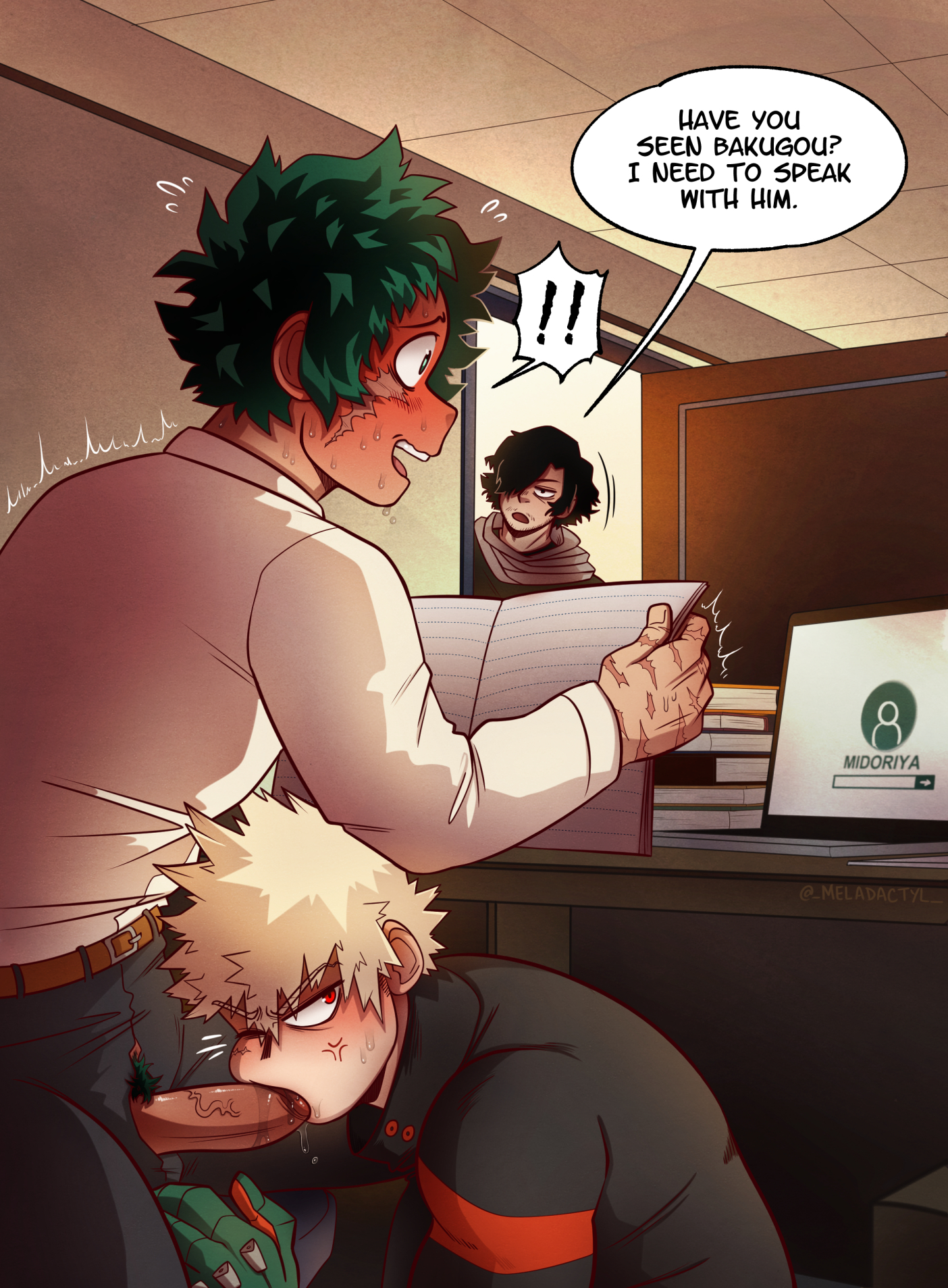 2025, 2boys, aizawa shouta, almost caught, bakugou katsuki, blonde hair, blowjob, boku no hero academia, desk, dynamight, fellatio, freckles, gay, gay blowjob, green eyes, green hair, interrupted, izuku midoriya, katsuki bakugou, male, male only, male/male, meladactyl, midoriya izuku, mostly clothed, my hero academia, nervous, nervous face, nervous smile, nervous sweat, office, oral, oral sex, red eyes, risk of discovery, risky sex, scar, scar on face, shouta aizawa, timeskip, under desk, under the table, yaoi