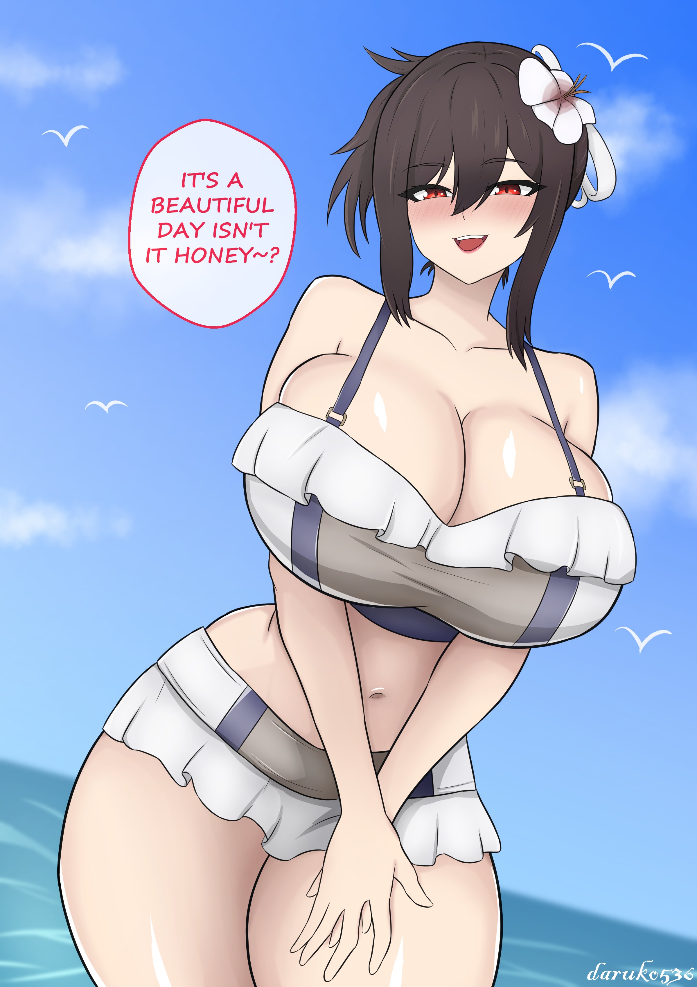 1girls, beach, blush, breasts, bursting breasts, cleavage, daruko536, dialogue, female, female only, final fantasy, final fantasy vii, huge breasts, overflowing breasts, revealing clothes, solo, solo female, talking to viewer, text, thick thighs, tifa lockhart, tifa lockhart (shining spirit), voluptuous