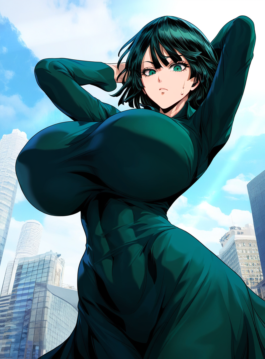 ai_generated arms_above_head arms_up breasts_bigger_than_head city city_background flaunting fubuki_(one-punch_man) gravity_defying_breasts green_dress green_eyes green_hair hands_behind_head huge_breasts impossible_clothes impossible_dress massive_breasts narrow_waist one-punch_man pose round_breasts short_hair skinny skintight_clothing sweatdrop thin_waist tight_clothing tight_dress wide_hips