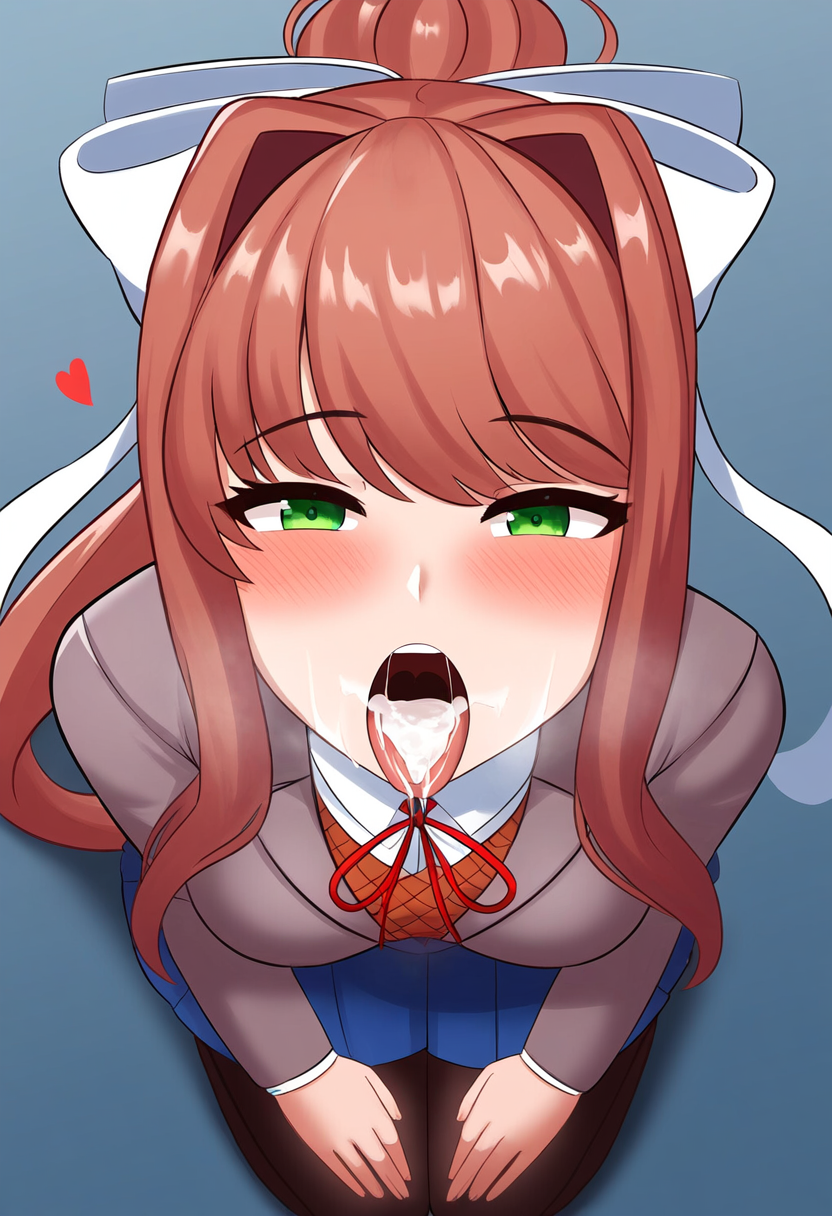 ai generated, blush, blushing, cum, cum in mouth, doki doki literature club, fellatio, female, from above, green eyes, heart, long hair, looking at partner, looking at viewer, looking pleasured, looking up, looking up at viewer, monika (doki doki literature club), open mouth, red hair