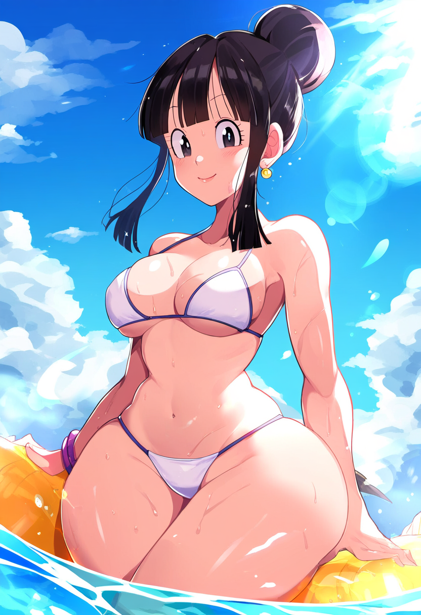 1girl 1girls ai_generated bangs bikini blunt_bangs bracelet breasts chichi dragon_ball dragon_ball_z earrings female female_focus female_only hair_bun hi_res highres lens_flare looking_at_viewer milf nai_diffusion narrow_waist partially_submerged rubycks skindentation smile solo solo_female solo_focus thick_thighs water wet white_bikini wide_hips