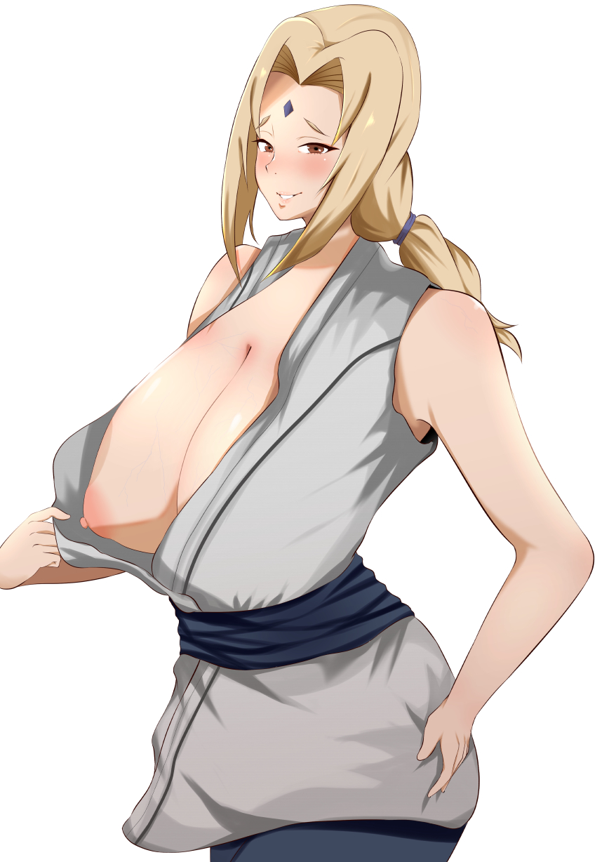 bedroom eyes, blonde hair, blush, blushing, breast focus, breasts, busty, cleavage, female, female only, flashing, forehead jewel, full cleavage, ghost nipples, half-closed eyes, heavy blush, light skin, light-skinned female, long breasts, looking at viewer, naruto, naruto (series), nipples, paizuri invitation, presenting breasts, puffy nipples, sidelocks, simple background, sleeveless, solo, tease, tied hair, tsunade, veins, veiny breasts, white background