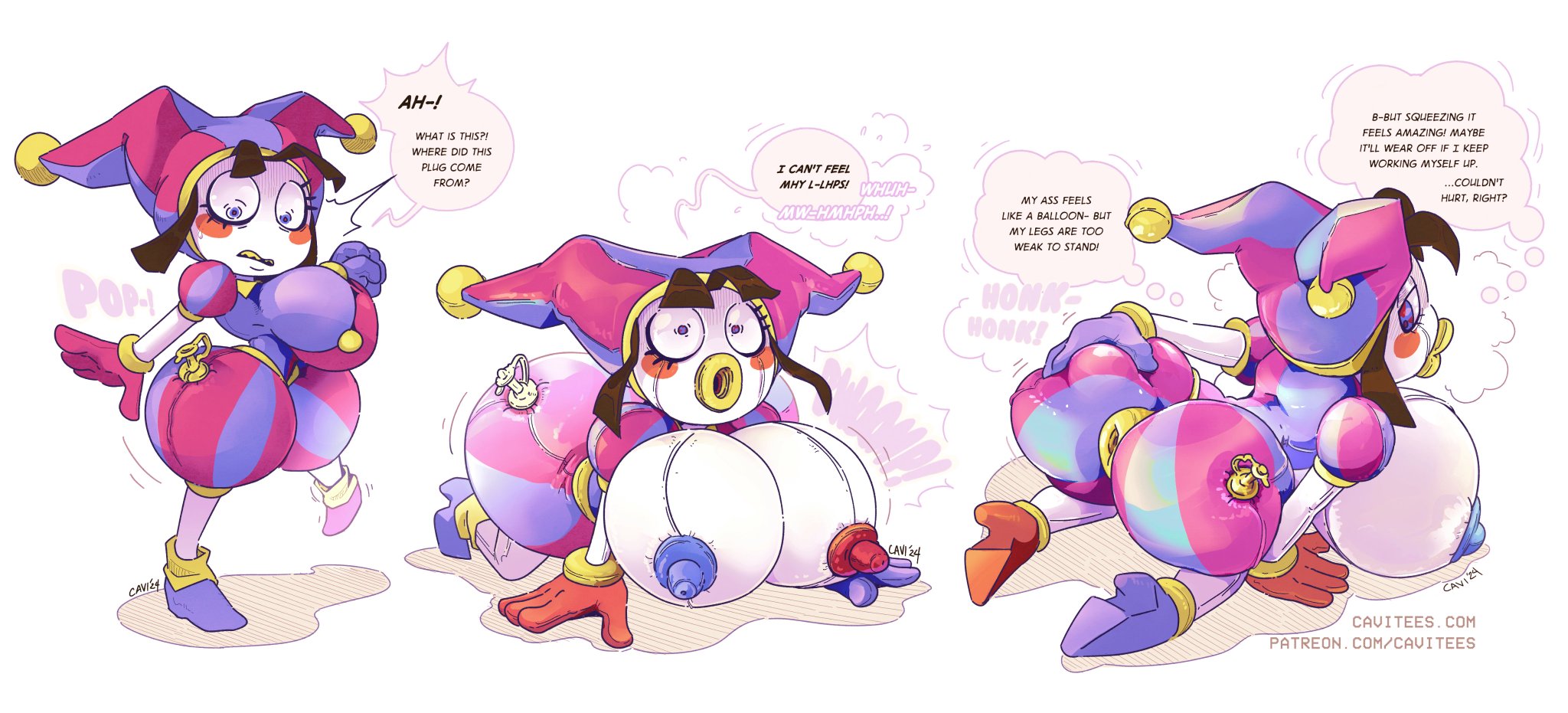 ass expansion, balloon transformation, body modification, breast expansion, breast growth, breast growth (enlargement), breasts, cavitees, clown girl, expansion, female, getting horny, glitch productions, inflatable, inflatable transformation, large anus, large breasts, lip expansion, long nipples, massive ass, massive breasts, multicolored nipples, pomni (the amazing digital circus), puffy anus, sex doll transformation, tagme, text, the amazing digital circus, transformation