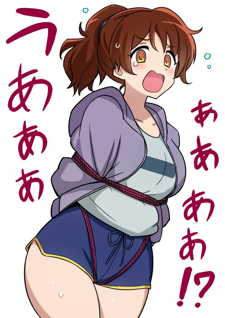 blue_shorts blush bondage bound brown_hair female grey_shirt hibike!_euphonium jacket open_clothes open_jacket open_mouth oumae_kumiko ponytail purple_jacket rebake restrained rope shirt short_shorts shorts solo sweat tearing_up wavy_mouth yellow_eyes