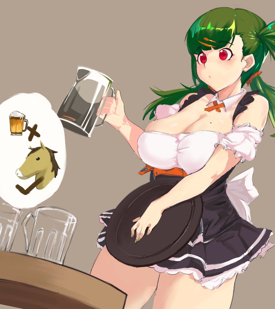 1futa, alcohol, bare shoulders, beer, beer mug, blush, breasts, cleavage, futa only, futanari, green hair, green nails, hair ornament, horse, intersex, large breasts, long hair, nail polish, red eyes, solo, standing, victim alice, waiter